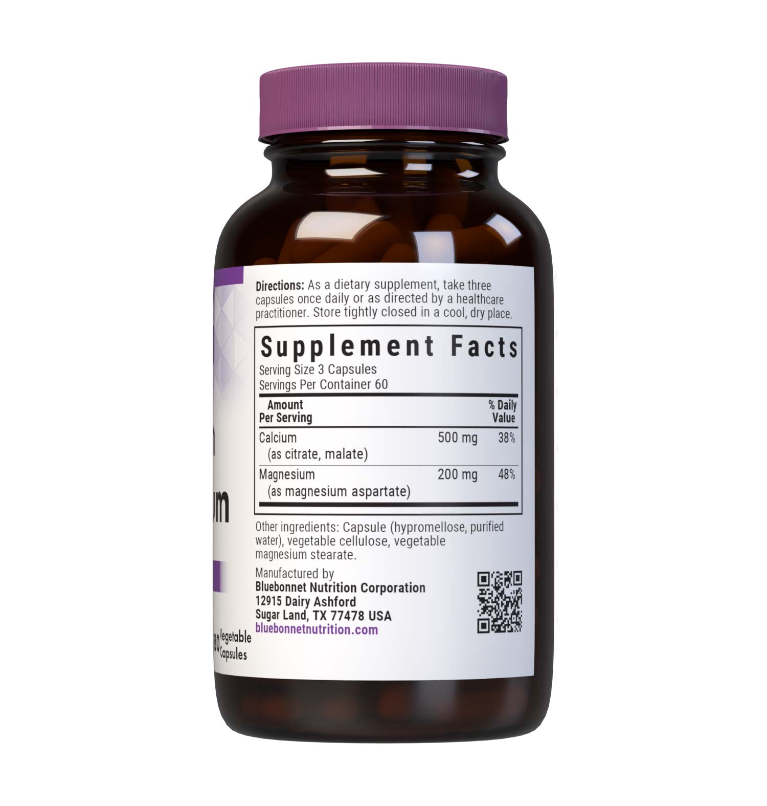 Bluebonnet's Calcium & Magnesium 180 Vegetable Capsules are formulated with calcium in a chelate of calcium citrate and malate, plus magnesium from fully reacted magnesium aspartate for strong, healthy bones. Supplement facts panel. #size_180 count
