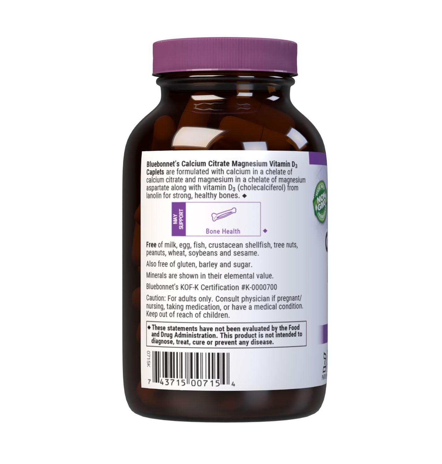 Bluebonnet's Calcium Citrate Magnesium Vitamin D3 90 Caplets are formulated with calcium in a chelate of calcium citrate and magnesium in a chelate of magnesium aspartate along with Vitamin D3 (cholecalciferol) from lanolin for strong, healthy bones. Description panel. #size_90 count