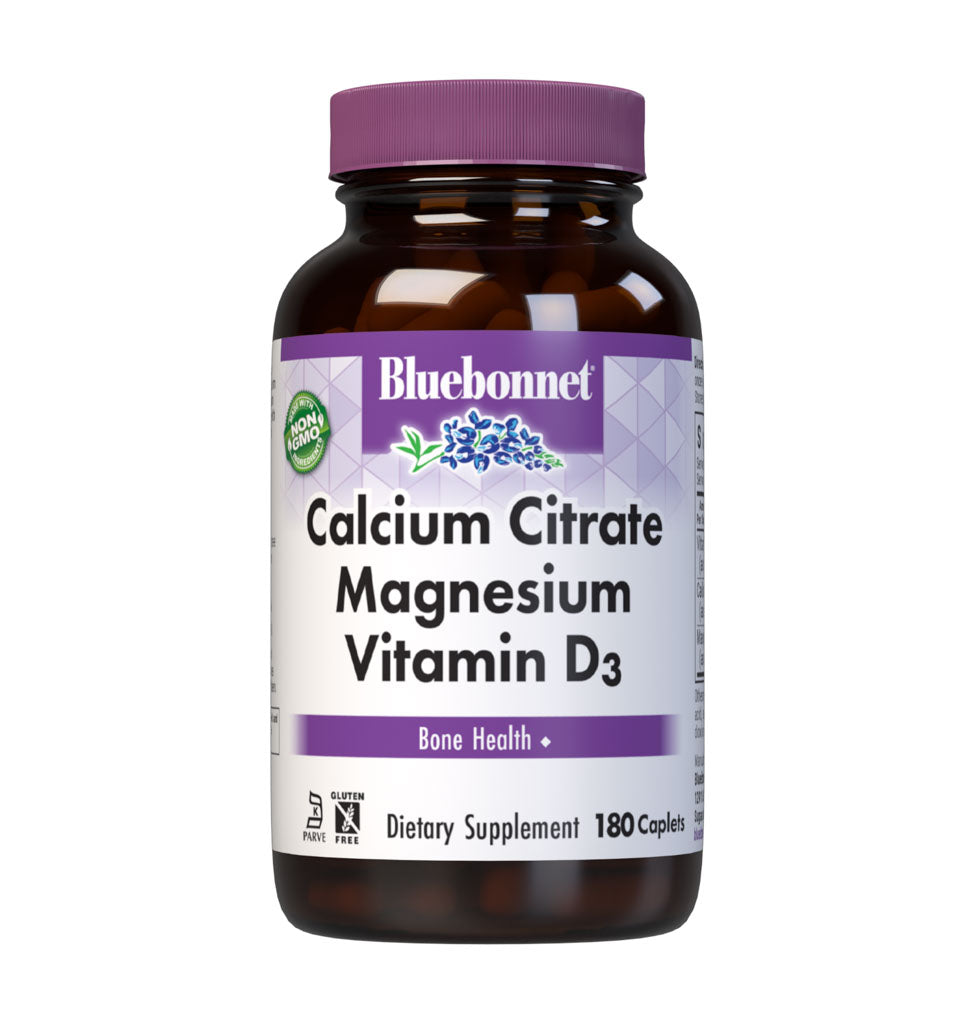 Bluebonnet's Calcium Citrate Magnesium Vitamin D3 180 Caplets are formulated with calcium in a chelate of calcium citrate and magnesium in a chelate of magnesium aspartate along with Vitamin D3 (cholecalciferol) from lanolin for strong, healthy bones. #size_180 count