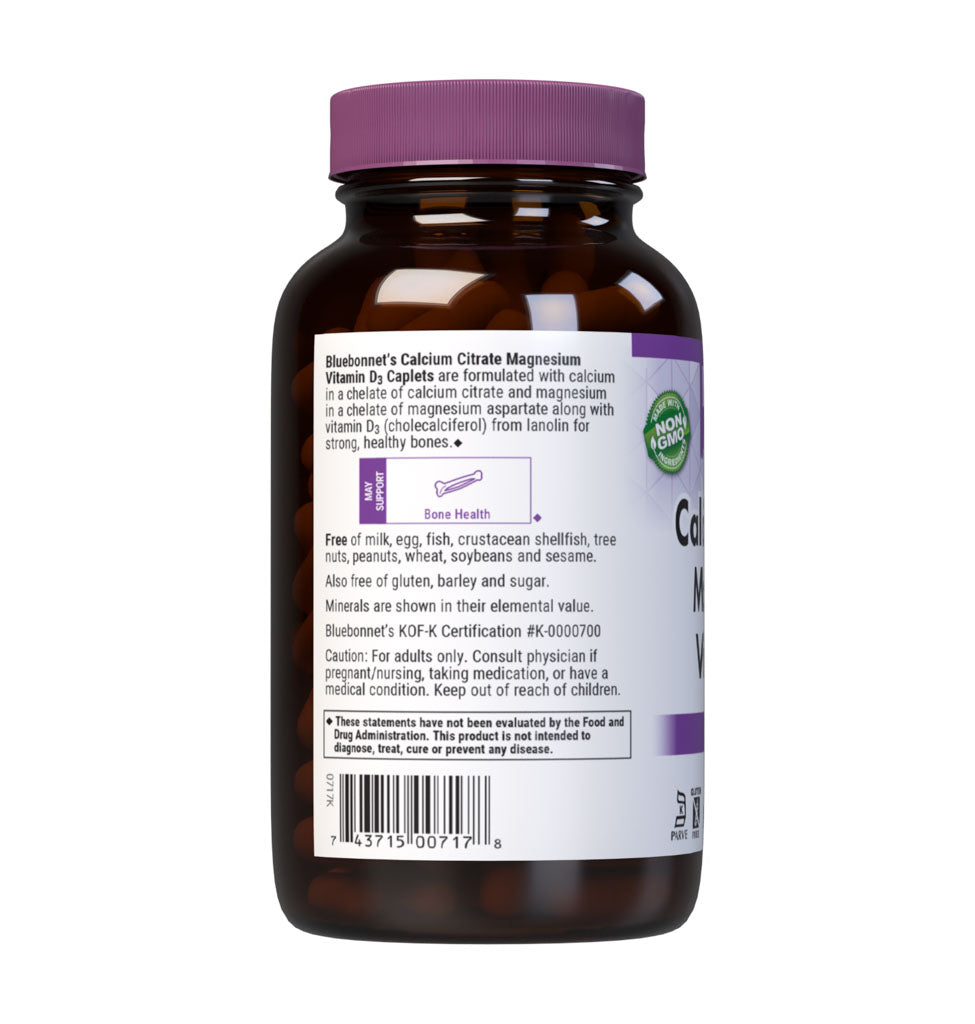 Bluebonnet's Calcium Citrate Magnesium Vitamin D3 180 Caplets are formulated with calcium in a chelate of calcium citrate and magnesium in a chelate of magnesium aspartate along with Vitamin D3 (cholecalciferol) from lanolin for strong, healthy bones. Description panel. #size_180 count