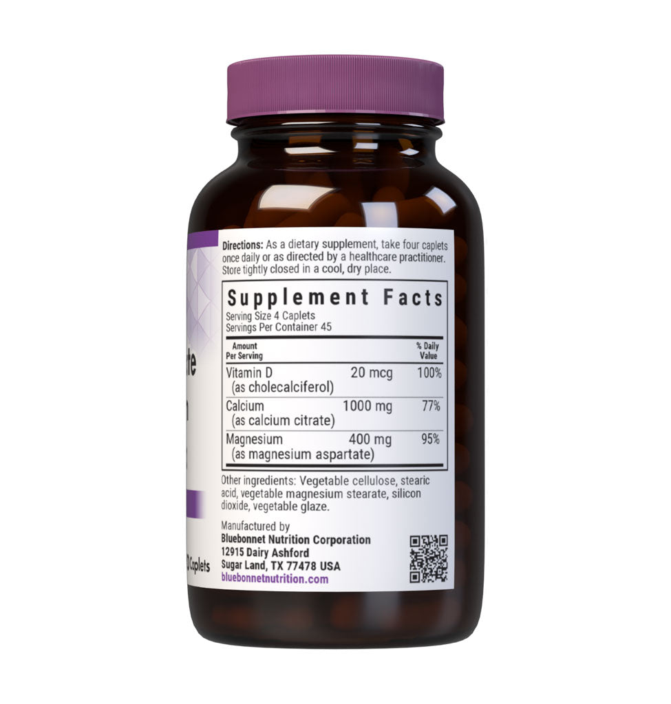 Bluebonnet's Calcium Citrate Magnesium Vitamin D3 180 Caplets are formulated with calcium in a chelate of calcium citrate and magnesium in a chelate of magnesium aspartate along with Vitamin D3 (cholecalciferol) from lanolin for strong, healthy bones. Supplement facts panel. #size_180 count