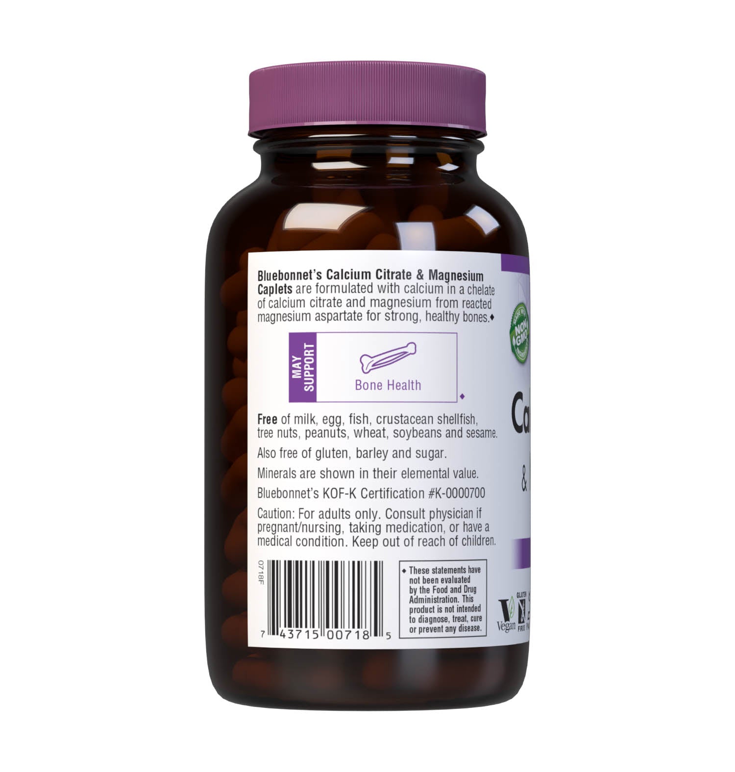 Bluebonnet's Calcium Citrate & Magnesium 180 Caplets are formulated with calcium in a chelate of calcium citrate and magnesium from reacted magnesium aspartate for strong, healthy bones. Description panel. #size_180 count