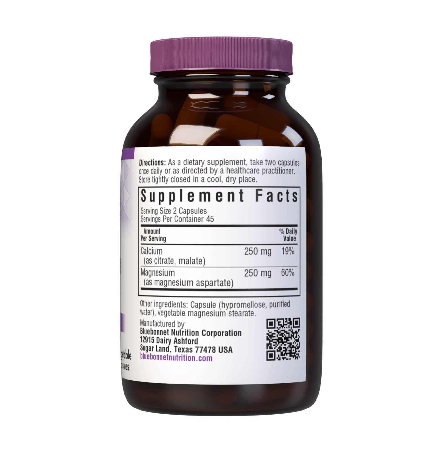 Bluebonnet's Calcium Magnesium 1:1 90 Vegetable Capsules are formulated with a 1:1 ratio of calcium in a chelate of calcium citrate and malate, along with magnesium from fully reacted magnesium aspartate for strong, healthy bones. Supplement facts panel. #size_90 count