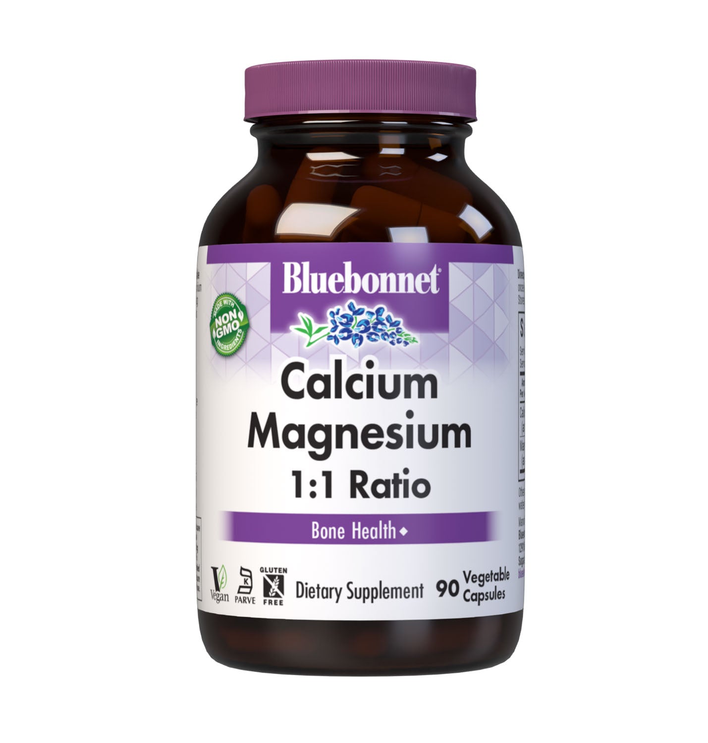 Bluebonnet's Calcium Magnesium 1:1 90 Vegetable Capsules are formulated with a 1:1 ratio of calcium in a chelate of calcium citrate and malate, along with magnesium from fully reacted magnesium aspartate for strong, healthy bones. #size_90 count