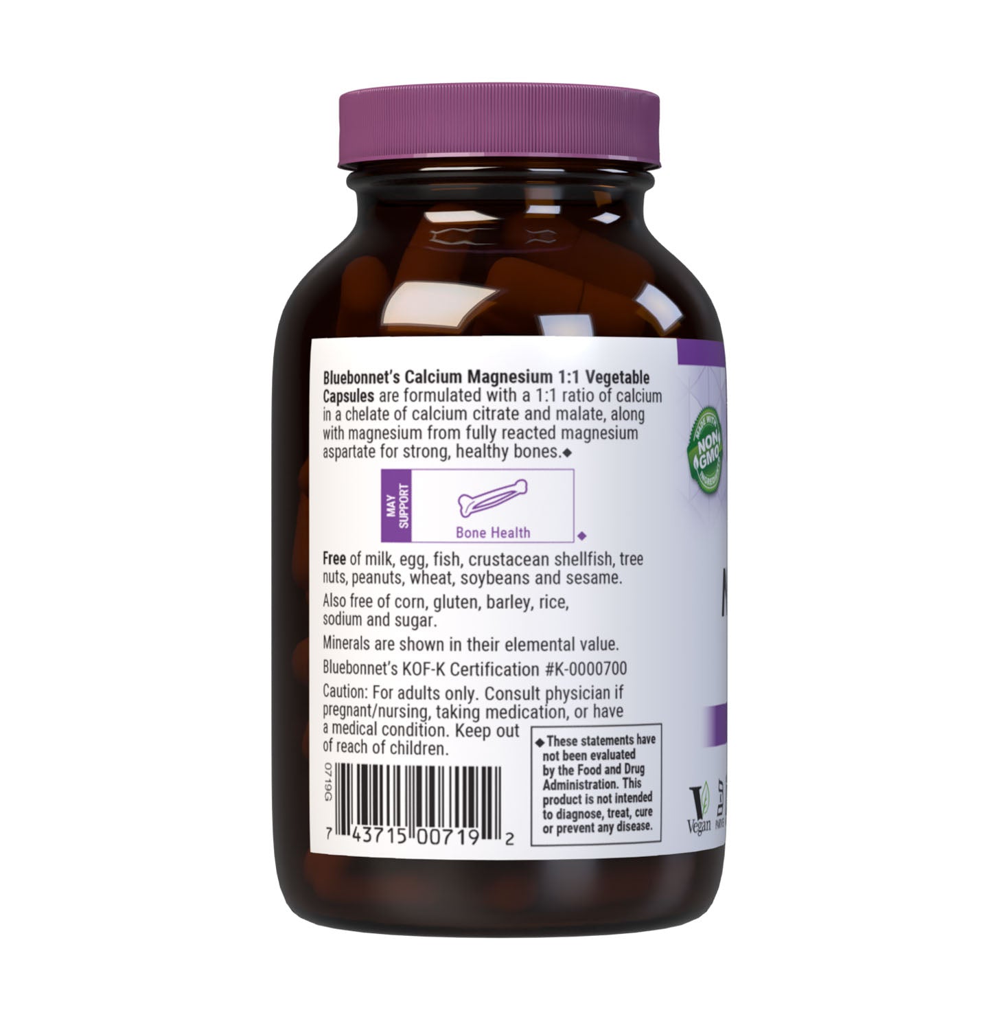 Bluebonnet's Calcium Magnesium 1:1 90 Vegetable Capsules are formulated with a 1:1 ratio of calcium in a chelate of calcium citrate and malate, along with magnesium from fully reacted magnesium aspartate for strong, healthy bones. Description panel. #size_90 count