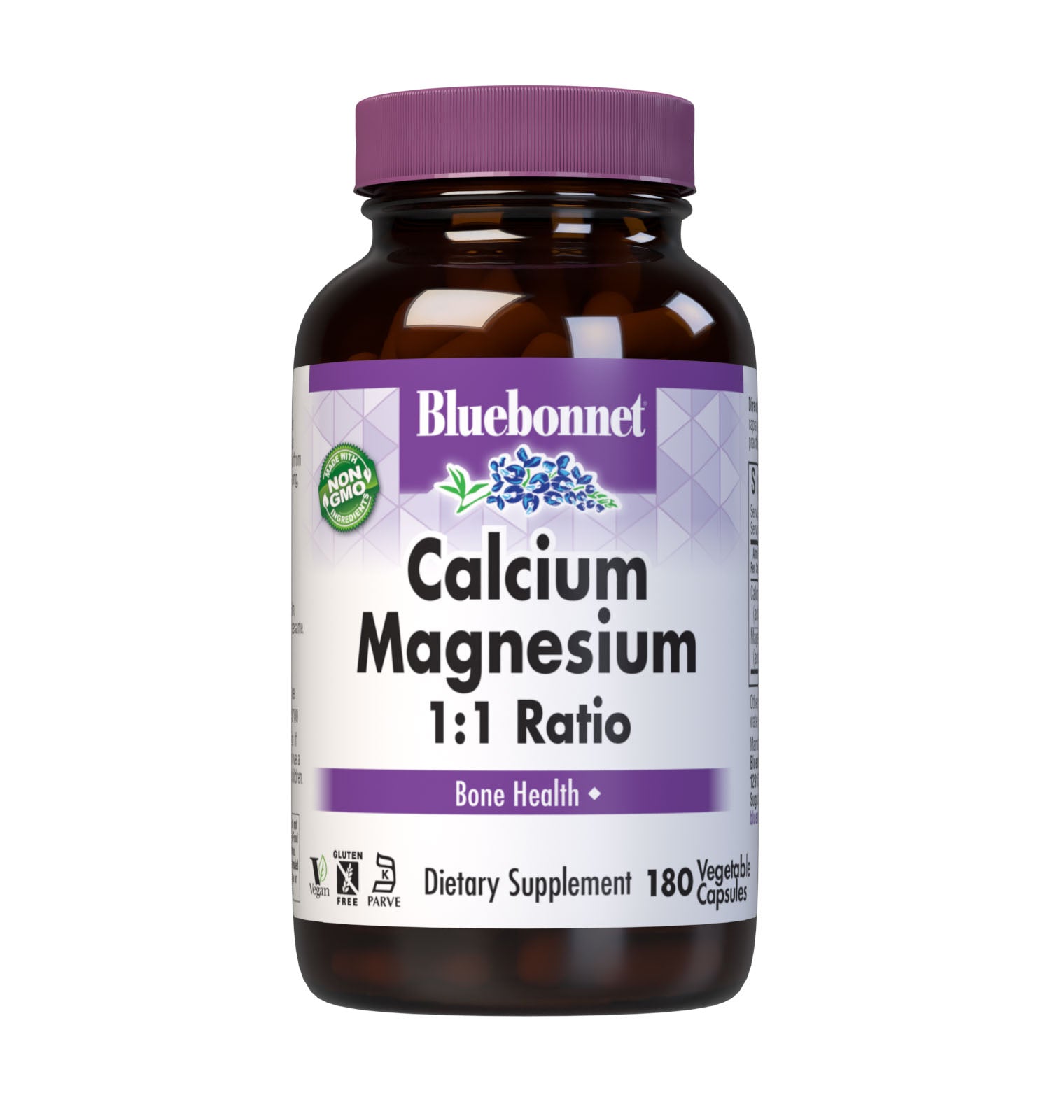 Bluebonnet's Calcium Magnesium 1:1 180 Vegetable Capsules are formulated with a 1:1 ratio of calcium in a chelate of calcium citrate and malate, along with magnesium from fully reacted magnesium aspartate for strong, healthy bones. #size_180 count