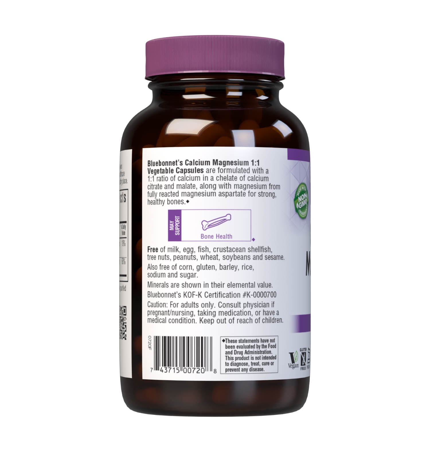 Bluebonnet's Calcium Magnesium 1:1 180 Vegetable Capsules are formulated with a 1:1 ratio of calcium in a chelate of calcium citrate and malate, along with magnesium from fully reacted magnesium aspartate for strong, healthy bones. Description panel. #size_180 count