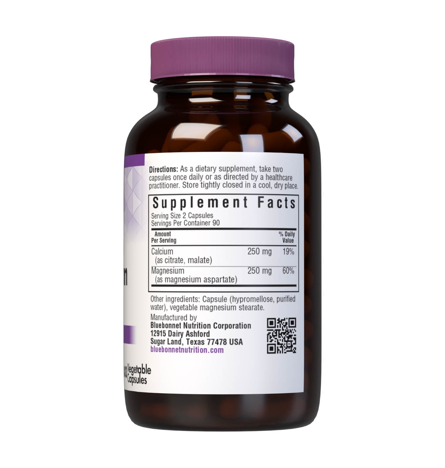 Bluebonnet's Calcium Magnesium 1:1 180 Vegetable Capsules are formulated with a 1:1 ratio of calcium in a chelate of calcium citrate and malate, along with magnesium from fully reacted magnesium aspartate for strong, healthy bones. Supplement facts panel. #size_180 count