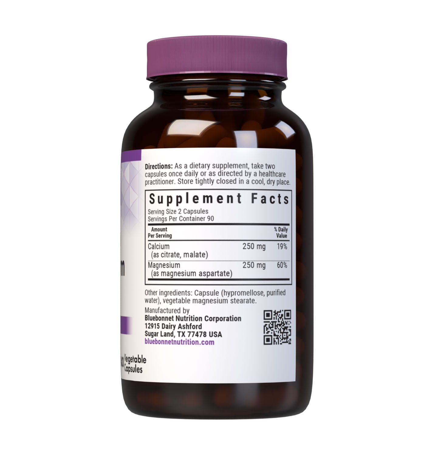 Bluebonnet's Calcium Magnesium 1:1 180 Vegetable Capsules are formulated with a 1:1 ratio of calcium in a chelate of calcium citrate and malate, along with magnesium from fully reacted magnesium aspartate for strong, healthy bones. Supplement facts panel. #size_180 count