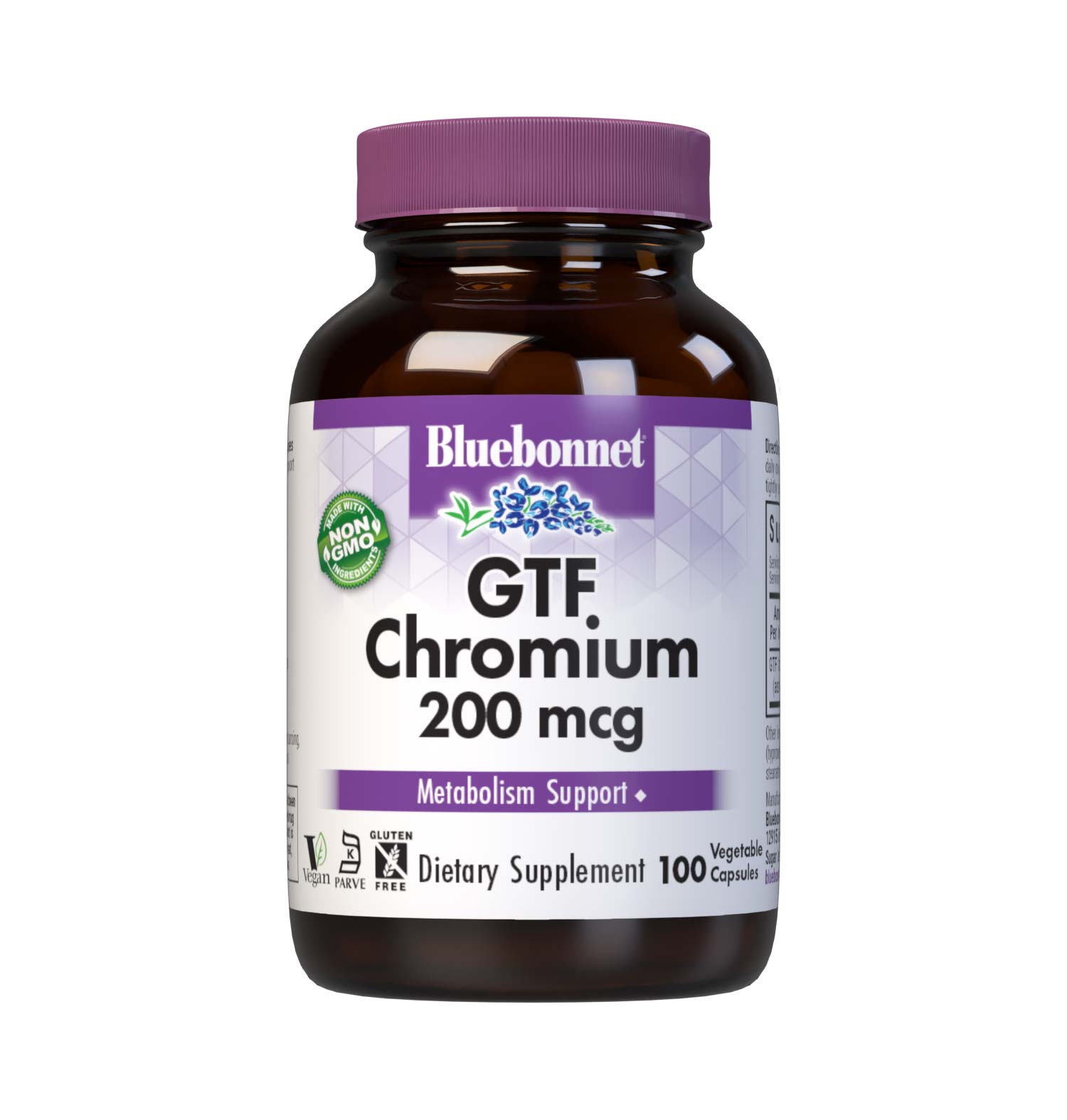 Bluebonnet's GTF Chromium 200 mcg 100 Vegetable Capsules are formulated with GTF, a yeast-source trivalent chromium to help support blood sugar levels that are already within a normal range. #size_100 count