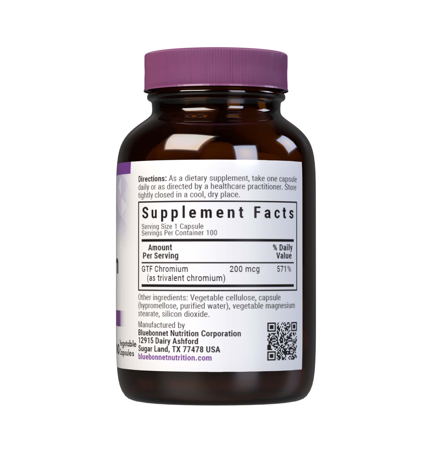 Bluebonnet's GTF Chromium 200 mcg 100 Vegetable Capsules are formulated with GTF, a yeast-source trivalent chromium to help support blood sugar levels that are already within a normal range. Supplement facts panel. #size_100 count