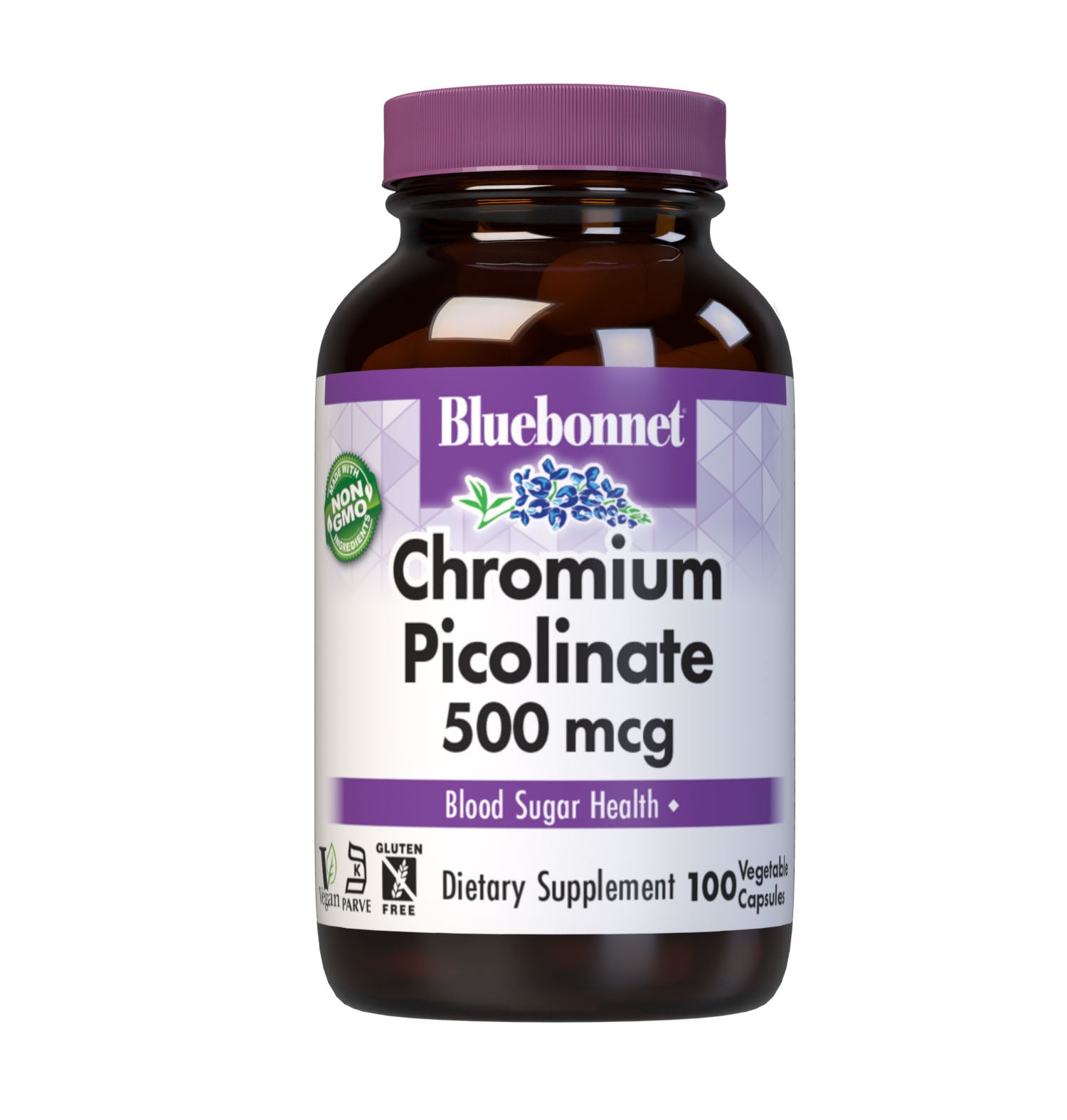 Bluebonnet's Chromium Picolinate 500 mcg 100 Vegetable Capsules are formulated with yeast-free chromium in a chelate of picolinic acid. Chromium is a micromineral that supports healthy glucose metabolism. #size_100 count