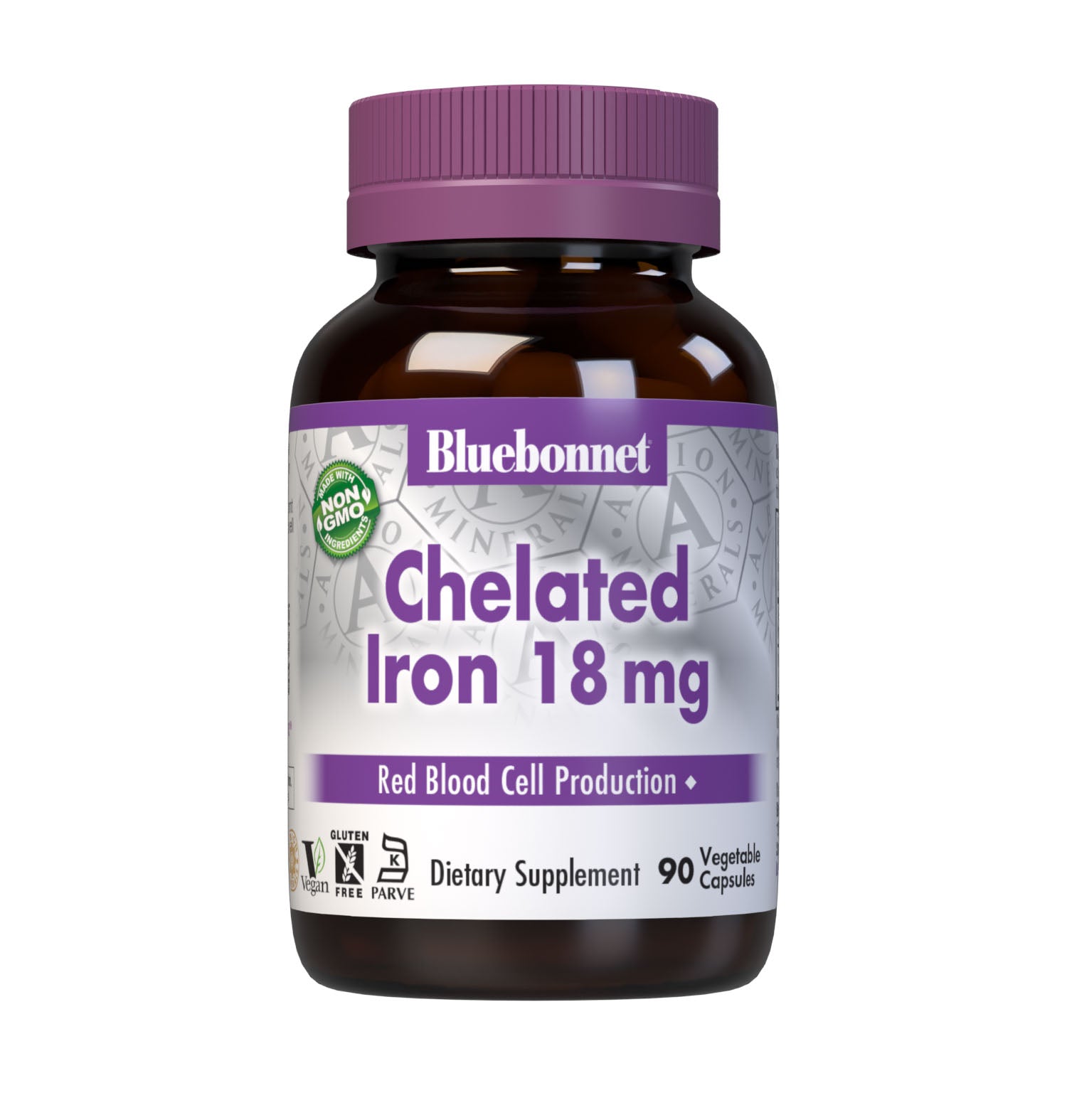 Bluebonnet's Chelated Iron 18 mg 90 Vegetable Capsules are formulated with a gentle, non-constipating form of iron known as Ferrochel, a patented, fully reacted chelated ferrous bisglycinate from Albion. Iron is an essential element that is necessary for healthy red blood cell production as well as transferring oxygen throughout the body. #size_90 count