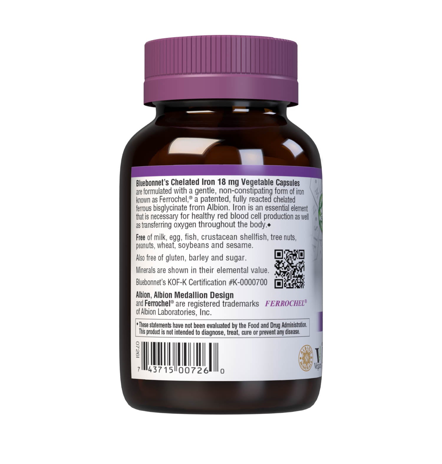 Bluebonnet's Chelated Iron 18 mg 90 Vegetable Capsules are formulated with a gentle, non-constipating form of iron known as Ferrochel, a patented, fully reacted chelated ferrous bisglycinate from Albion. Iron is an essential element that is necessary for healthy red blood cell production as well as transferring oxygen throughout the body. Description panel. #size_90 count