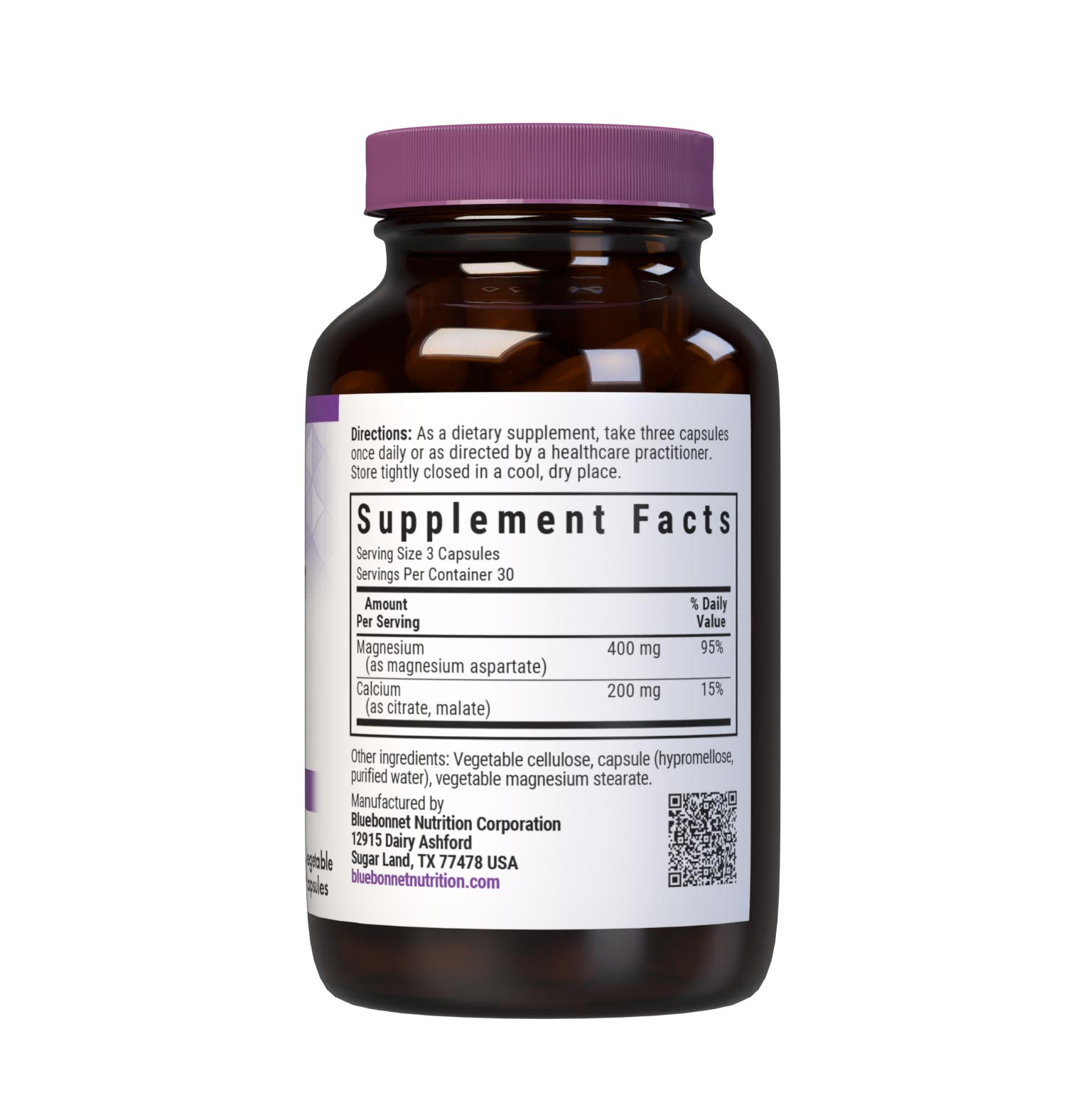 Bluebonnet's Magnesium & Calcium 2:1 90 Vegetable Capsules are formulated with a 2:1 ratio of magnesium from fully reacted magnesium aspartate, plus calcium in a chelate of calcium citrate and malate. Supplement facts panel. #size_90 count