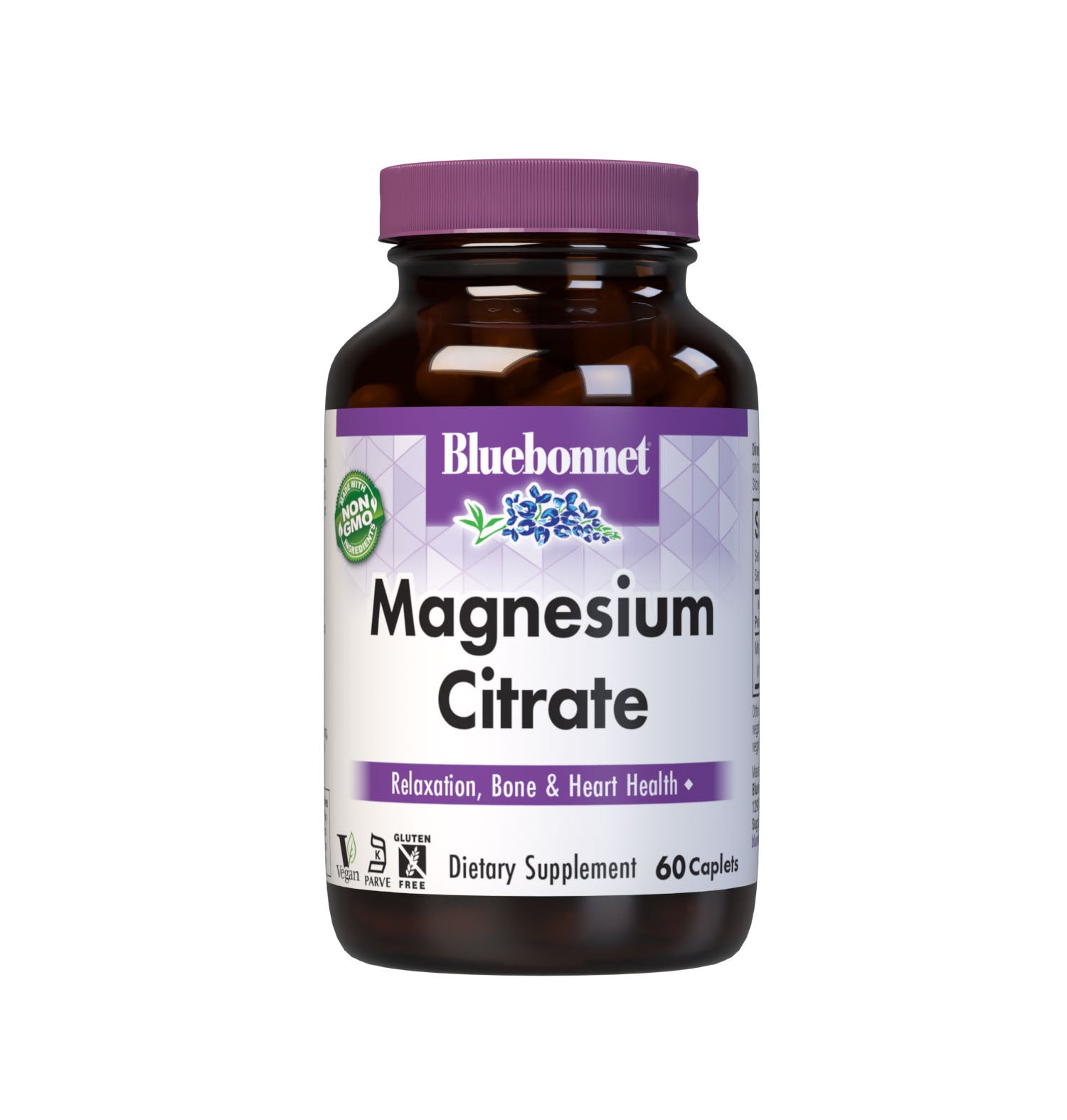 Bluebonnet's Magnesium Citrate 400 mg 60 Caplets are formulated with magnesium in a chelate of magnesium citrate. Magnesium is required in over 300 biochemical reactions in the body but is primarily known to calm the mind and body, reduce stress, induce restful sleep, increase bone density, as well as support immune and cardiovascular health. #size_60 count
