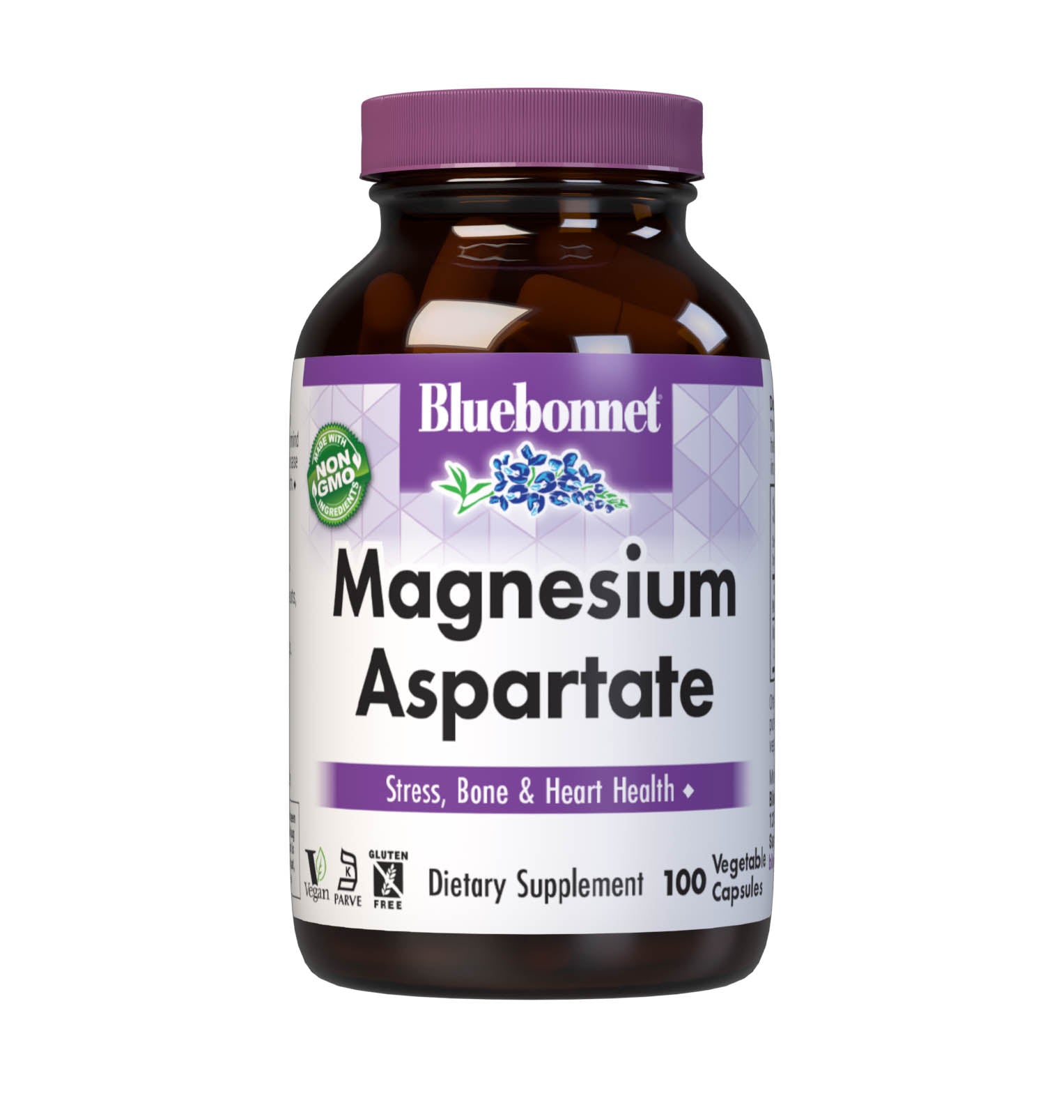 Bluebonnet's Magnesium Aspartate 100 Vegetable Capsules are formulated with magnesium from a chelate of magnesium aspartate. Magnesium is required in over 300 biochemical reactions in the body but is primarily known to calm the mind and body, reduce stress, induce restful sleep, increase bone density, as well as support immune and cardiovascular health. #size_100 count
