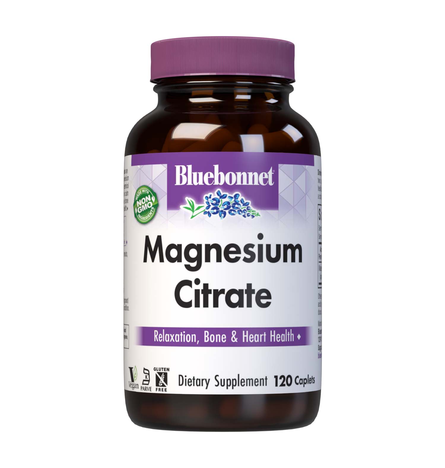 Bluebonnet's Magnesium Citrate 400 mg 120 Caplets are formulated with magnesium in a chelate of magnesium citrate. Magnesium is required in over 300 biochemical reactions in the body but is primarily known to calm the mind and body, reduce stress, induce restful sleep, increase bone density, as well as support immune and cardiovascular health. #size_120 count