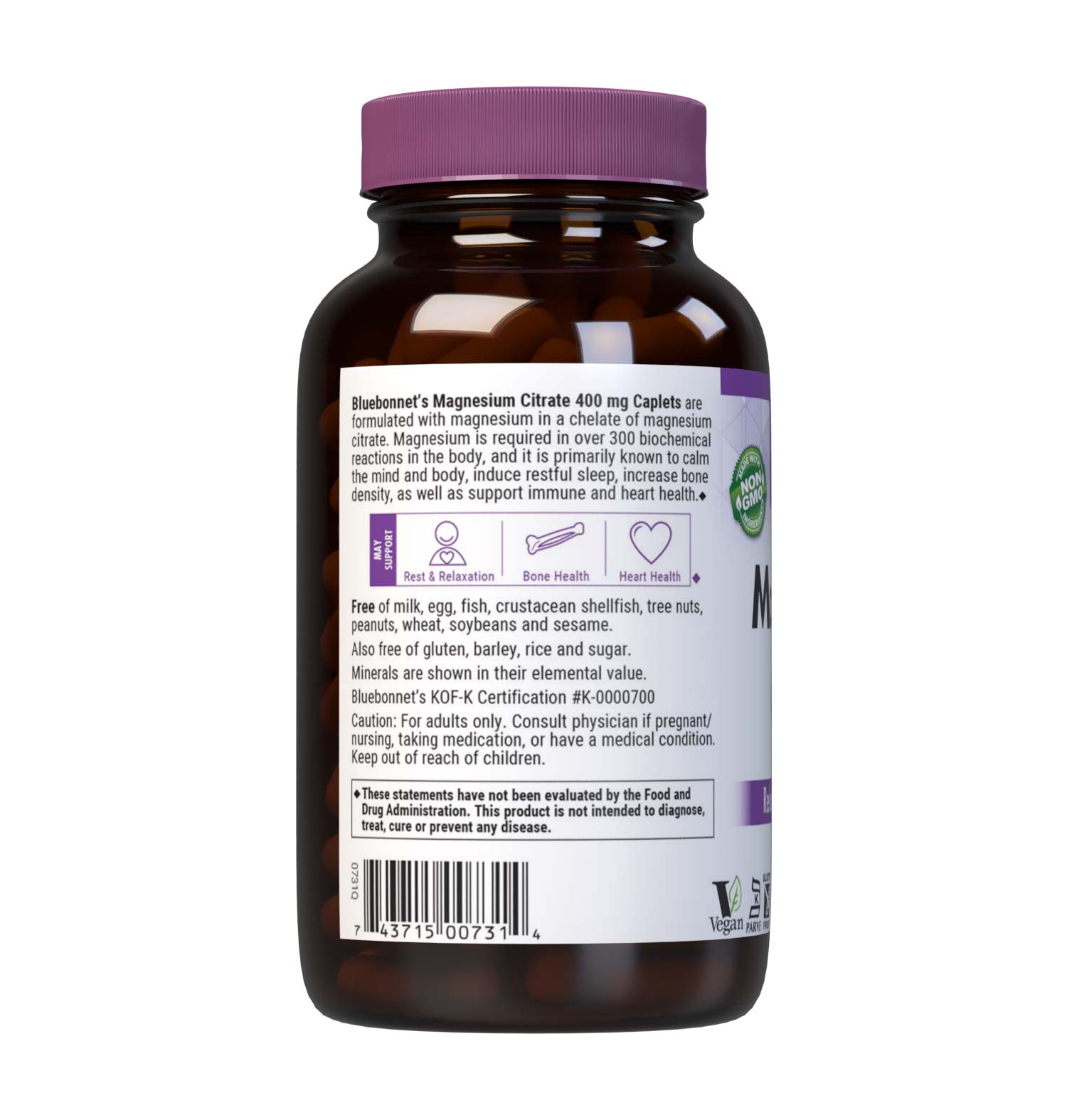 Bluebonnet's Magnesium Citrate 400 mg 120 Caplets are formulated with magnesium in a chelate of magnesium citrate. Magnesium is required in over 300 biochemical reactions in the body but is primarily known to calm the mind and body, reduce stress, induce restful sleep, increase bone density, as well as support immune and cardiovascular health. Description panel. #size_120 count
