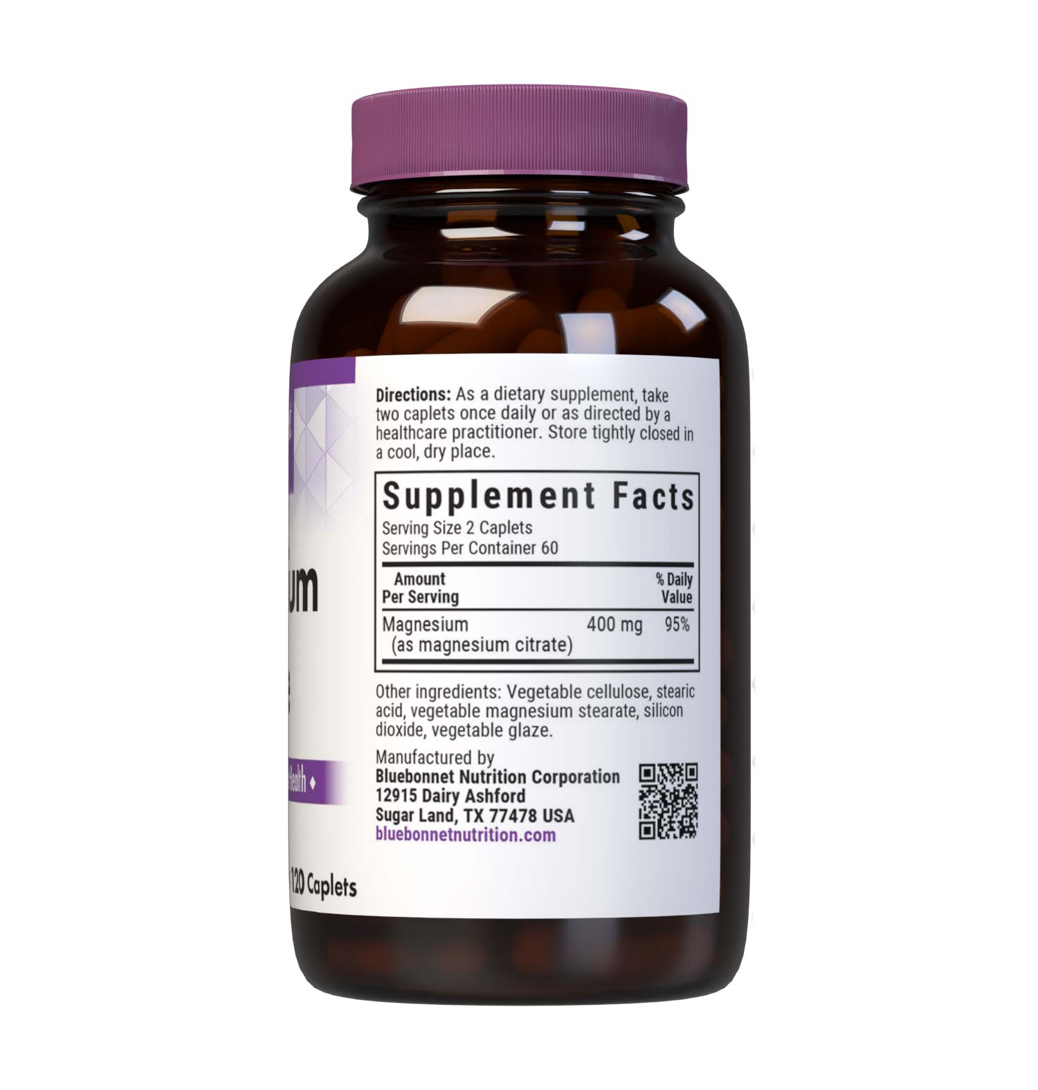 Bluebonnet's Magnesium Citrate 400 mg 120 Caplets are formulated with magnesium in a chelate of magnesium citrate. Magnesium is required in over 300 biochemical reactions in the body but is primarily known to calm the mind and body, reduce stress, induce restful sleep, increase bone density, as well as support immune and cardiovascular health. Supplement facts panel. #size_120 count