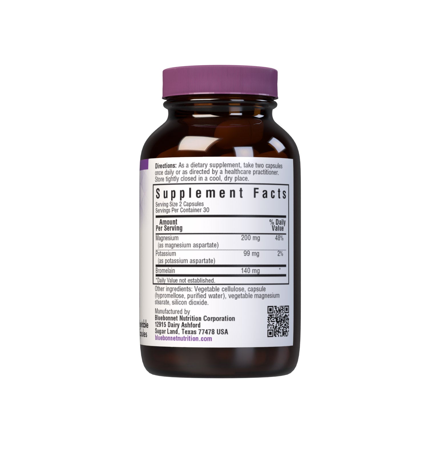 Bluebonnet's Magnesium Potassium & Bromelain 60 Vegetable Capsules are formulated with fully reacted magnesium and potassium aspartate with bromelain (2000 GDU/gram) from fresh pineapples to help support muscle health. Supplement facts panel. #size_60 count