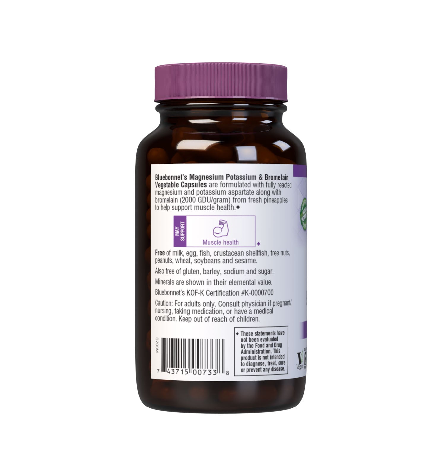 Bluebonnet's Magnesium Potassium & Bromelain 120 Vegetable Capsules are formulated with fully reacted magnesium and potassium aspartate with bromelain (2000 GDU/gram) from fresh pineapples to help support muscle health. Description panel. #size_120 count