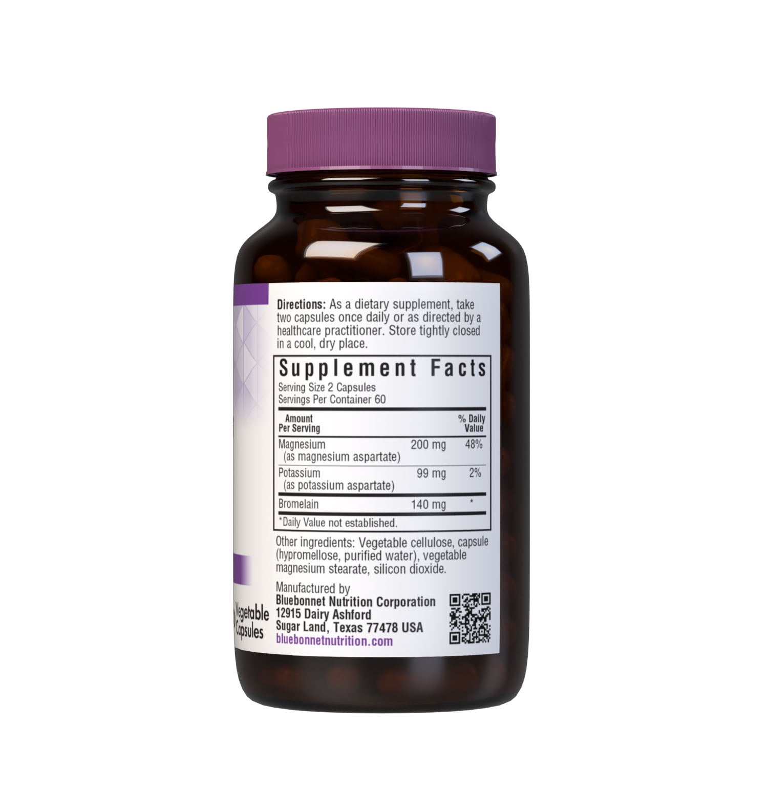 Bluebonnet's Magnesium Potassium & Bromelain 120 Vegetable Capsules are formulated with fully reacted magnesium and potassium aspartate with bromelain (2000 GDU/gram) from fresh pineapples to help support muscle health. Supplement facts panel. #size_120 count