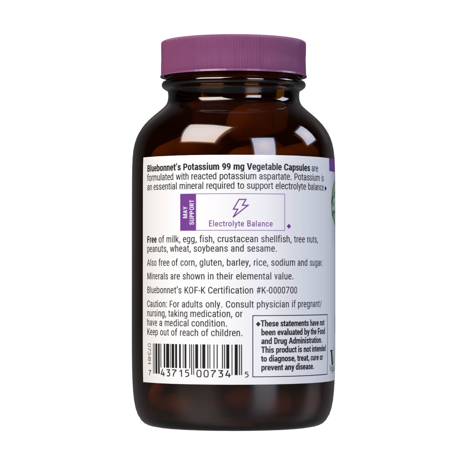 Bluebonnet's Potassium 99 mg 90 Vegetable Capsules are formulated with potassium from reacted potassium aspartate. Potassium is an essential mineral required to support electrolyte balance. Description panel. #size_90 count