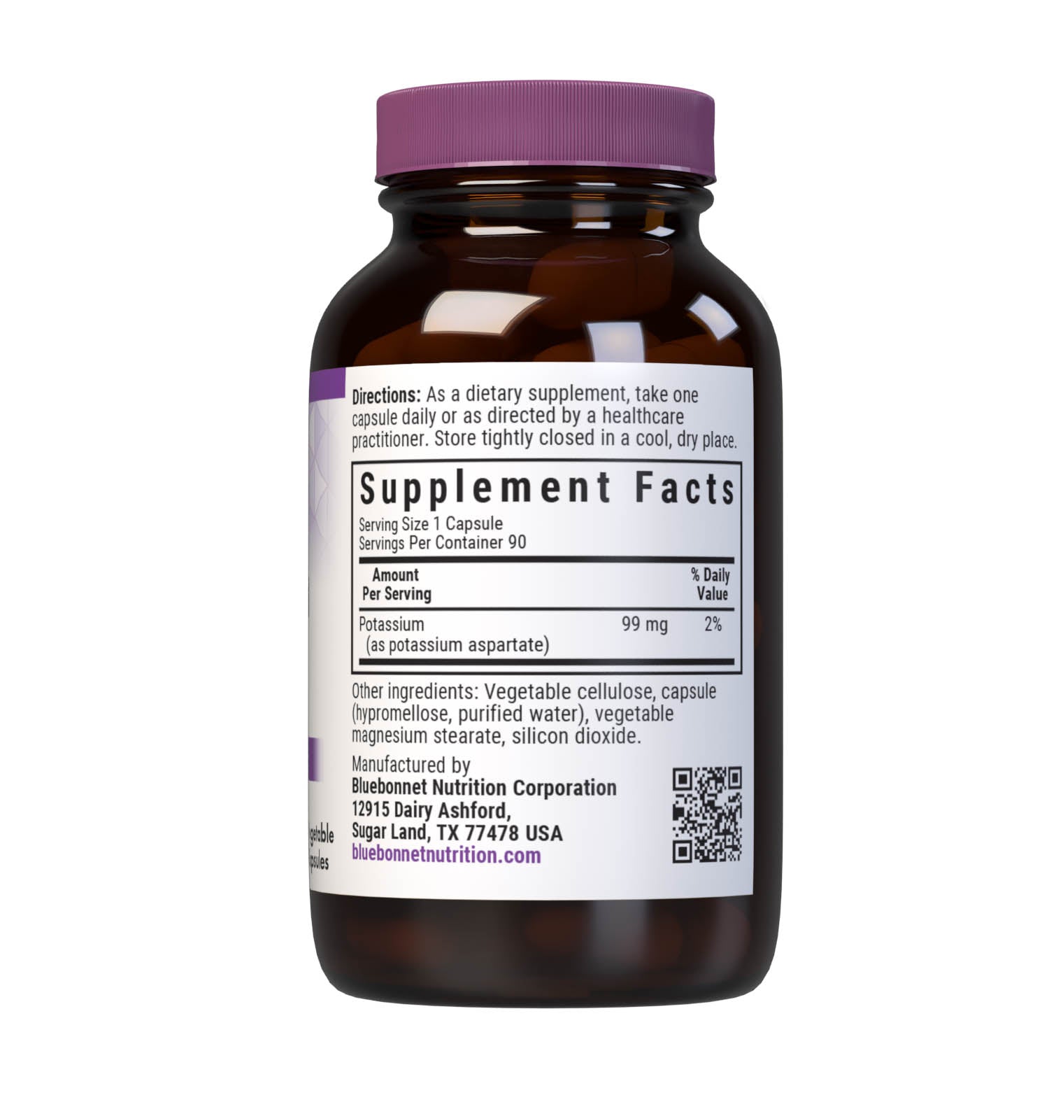 Bluebonnet's Potassium 99 mg 90 Vegetable Capsules are formulated with potassium from reacted potassium aspartate. Potassium is an essential mineral required to support electrolyte balance. Supplement facts panel. #size_90 count