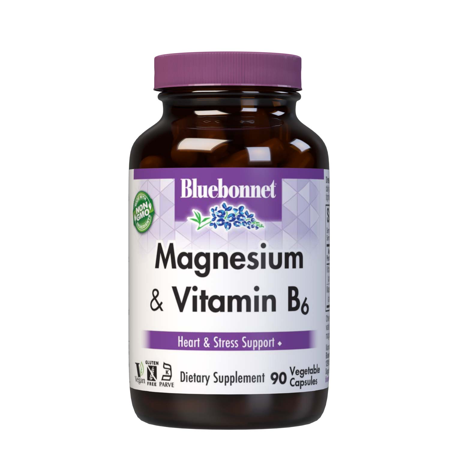 Bluebonnet's Magnesium & Vitamin B6 90 Vegetable Capsules are formulated with reacted magnesium aspartate and magnesium oxide with vitamin B6 to help support heart health and stress relief. #size_90 count