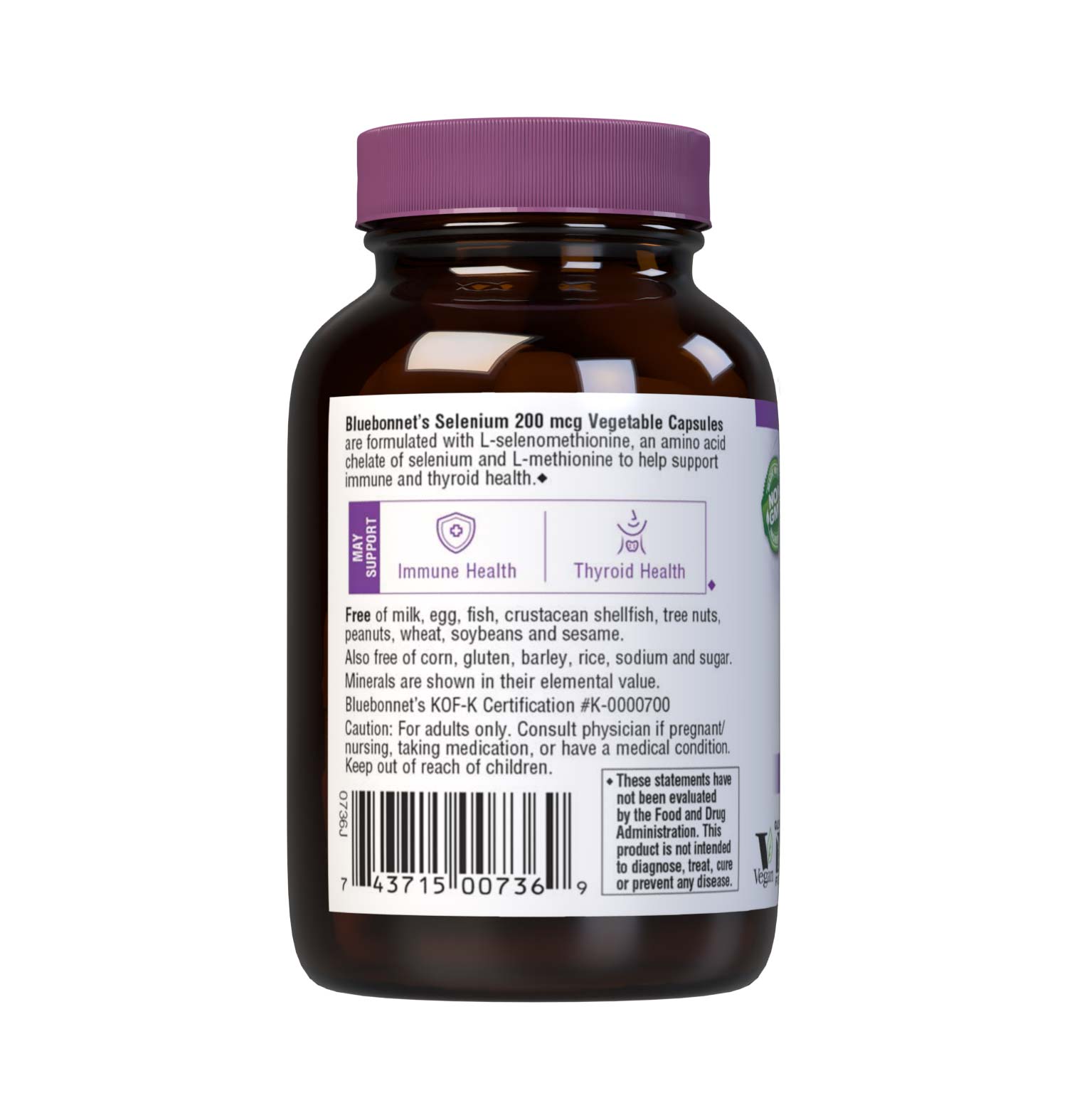 Bluebonnet's Selenium 200 mcg 90 Vegetable Capsules are formulated with selenomethionine, an amino acid chelate of selenium and L-methionine, which may support as immune and thyroid health. Description panel. #size_90 count