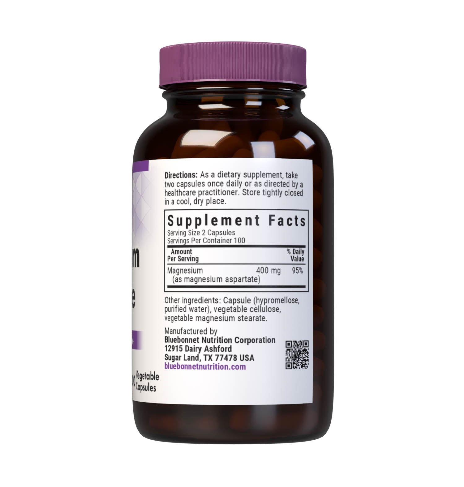 Bluebonnet's Magnesium Aspartate 200 Vegetable Capsules are formulated with magnesium from a chelate of magnesium aspartate. Magnesium is required in over 300 biochemical reactions in the body but is primarily known to calm the mind and body, reduce stress, induce restful sleep, increase bone density, as well as support immune and cardiovascular health. Supplement facts panel. #size_200 count