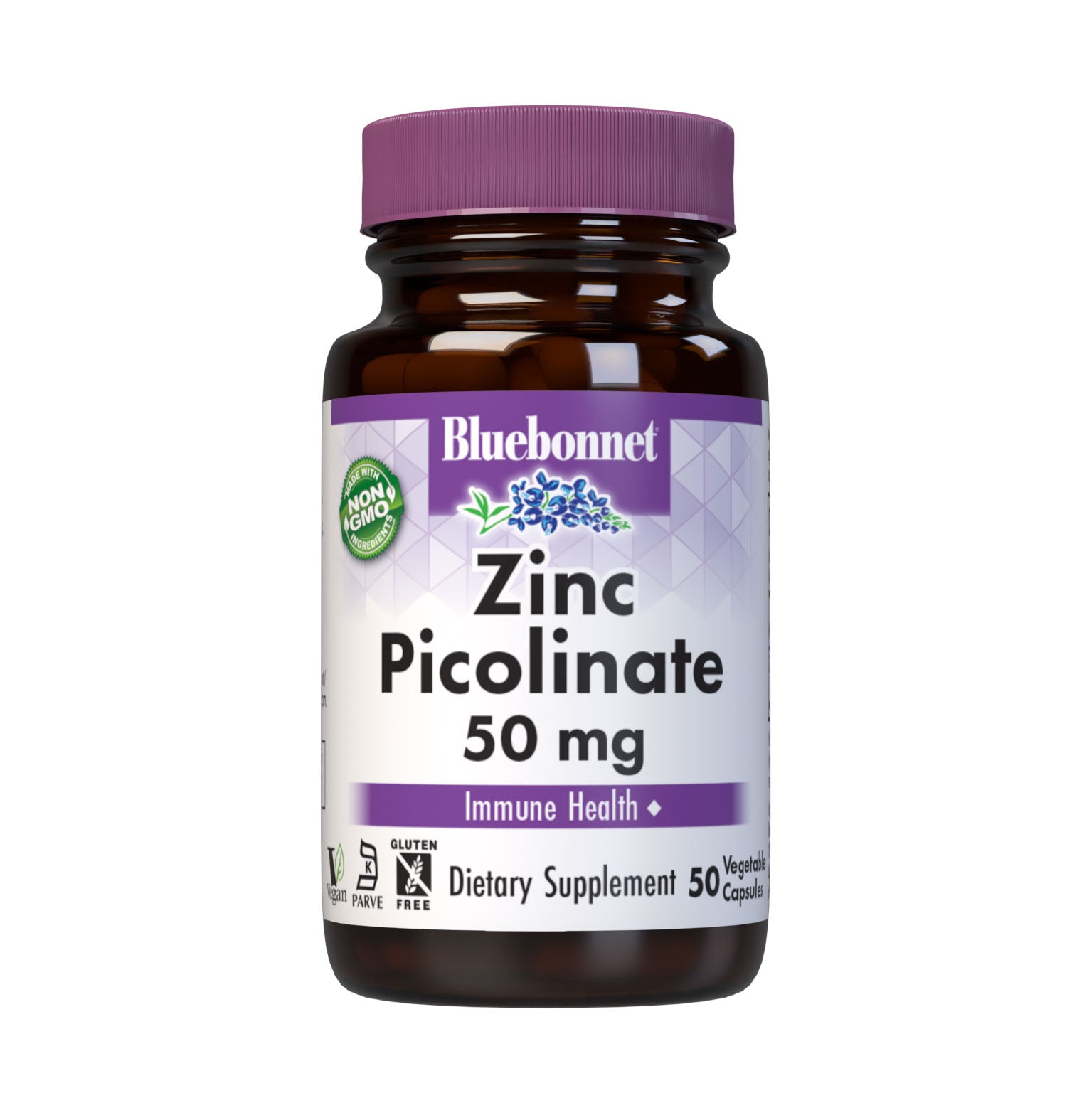 Bluebonnet's Zinc Picolinate 50 mg 50 Vegetable Capsules are formulated with zinc in a chelate of picolinic acid. Zinc is an essential element that is necessary for immune health and enzyme function. #size_50 count