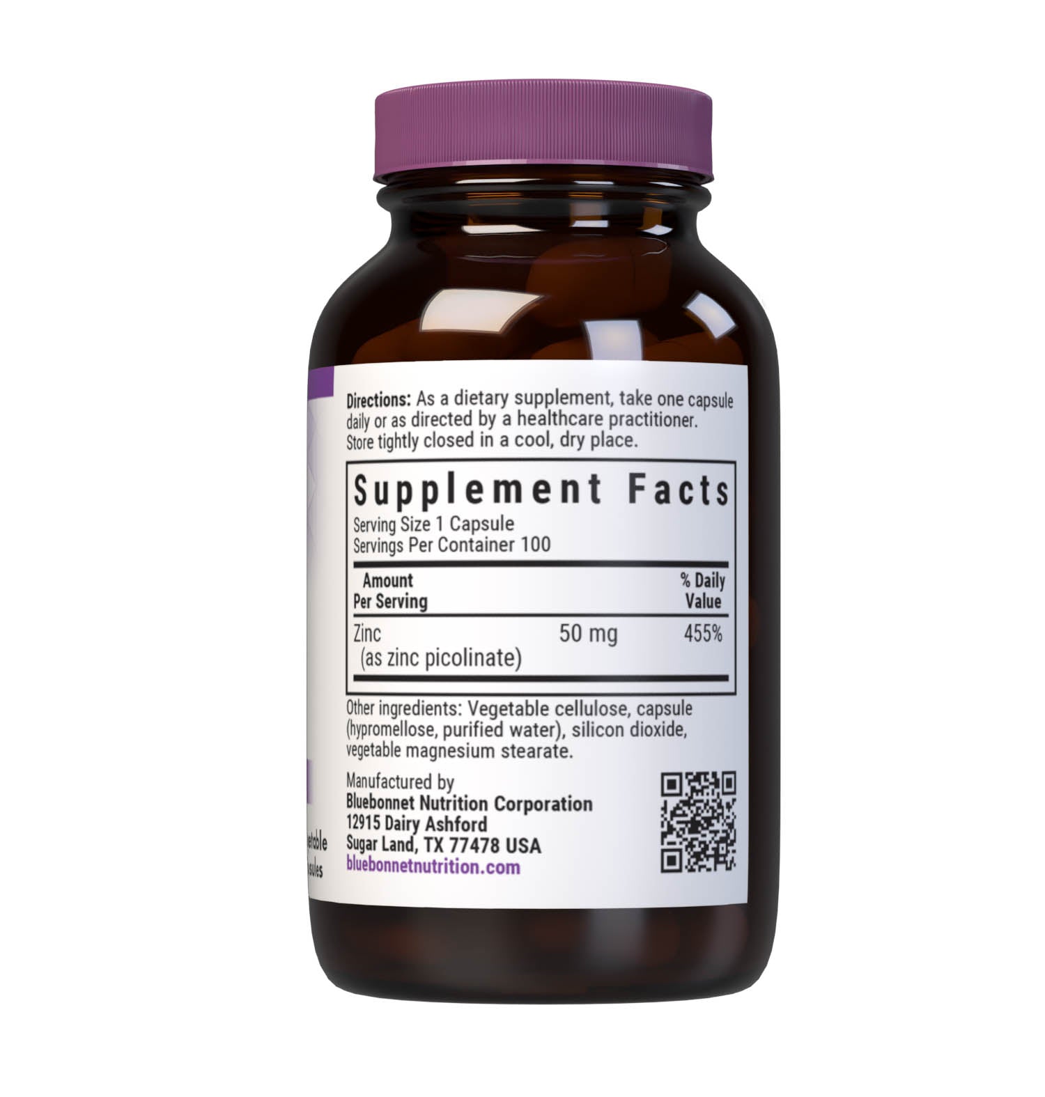 Bluebonnet's Zinc Picolinate 50 mg 100 Vegetable Capsules are formulated with zinc in a chelate of picolinic acid. Zinc is an essential element that is necessary for immune health and enzyme function. Supplement facts panel. #size_100 count