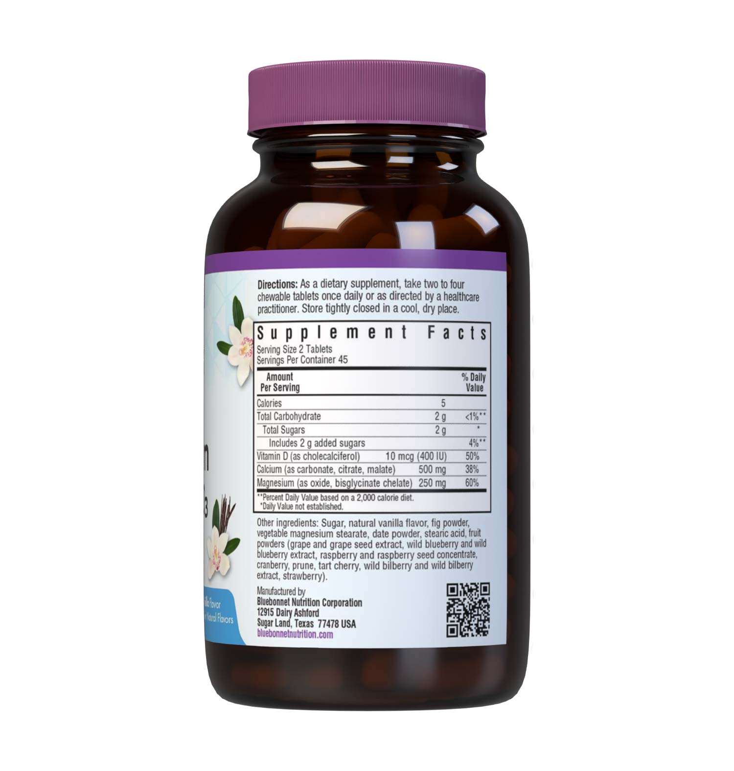 Bluebonnet’s EarthSweet Chewables Calcium Magnesium & Vitamin D3 90 Tablets Vanilla flavor are formulated with a blend of calcium, magnesium and vitamin D3 (cholecalciferol) to support strong and healthy bones. This bone formula is sweetened with EarthSweet, a proprietary sweetening mix of fruit powders and sugar cane crystals. Supplement facts panel. #Flavor_Vanilla