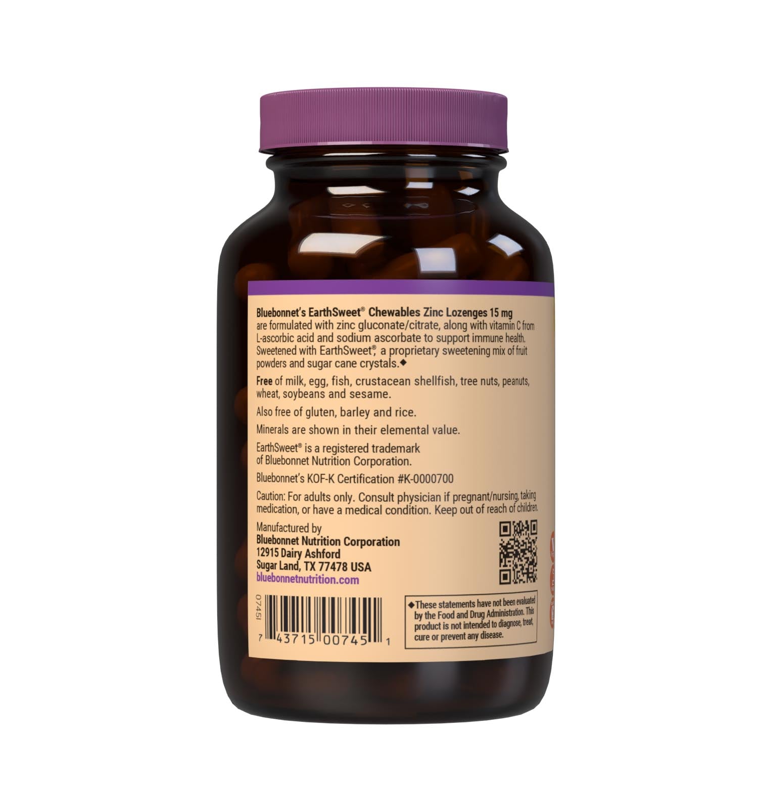 Bluebonnet’s EarthSweet Chewables 60 count Zinc Lozenges 15 mg are formulated with zinc gluconate/citrate, plus vitamin C from L-ascorbic acid and sodium ascorbate to support immune health. Sweetened with EarthSweet, a proprietary sweetening mix of fruit powders and sugar cane crystal. Description panel. #size_60 count