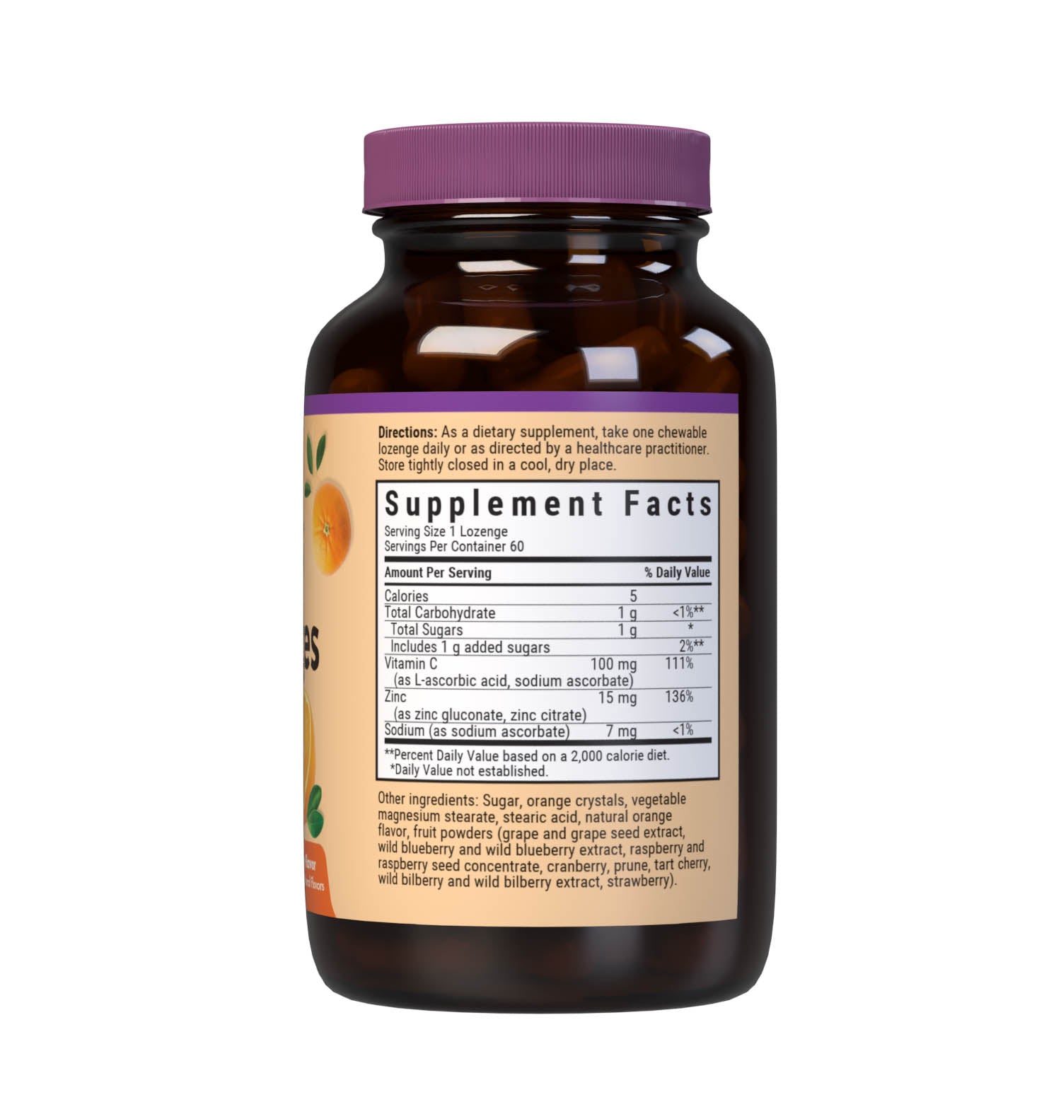 Bluebonnet’s EarthSweet Chewables 60 count Zinc Lozenges 15 mg are formulated with zinc gluconate/citrate, plus vitamin C from L-ascorbic acid and sodium ascorbate to support immune health. Sweetened with EarthSweet, a proprietary sweetening mix of fruit powders and sugar cane crystal. Supplement facts panel. #size_60 count