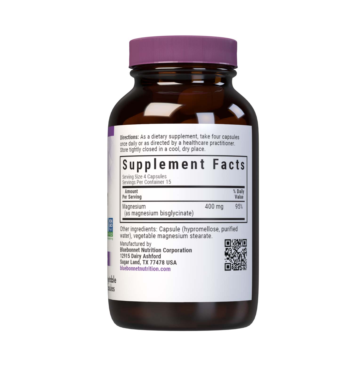 Bluebonnet’s Magnesium Glycinate 60 Vegetable Capsules are formulated with 400 mg per serving of elemental magnesium from fully reacted magnesium glycinate, a more rapidly absorbed amino acid mineral complex from Albion. Magnesium supports energy production and is critical for enzyme function. Available in easy-to-swallow vegetable capsules for maximum assimilation and absorption. Supplement facts panel. #size_60 count