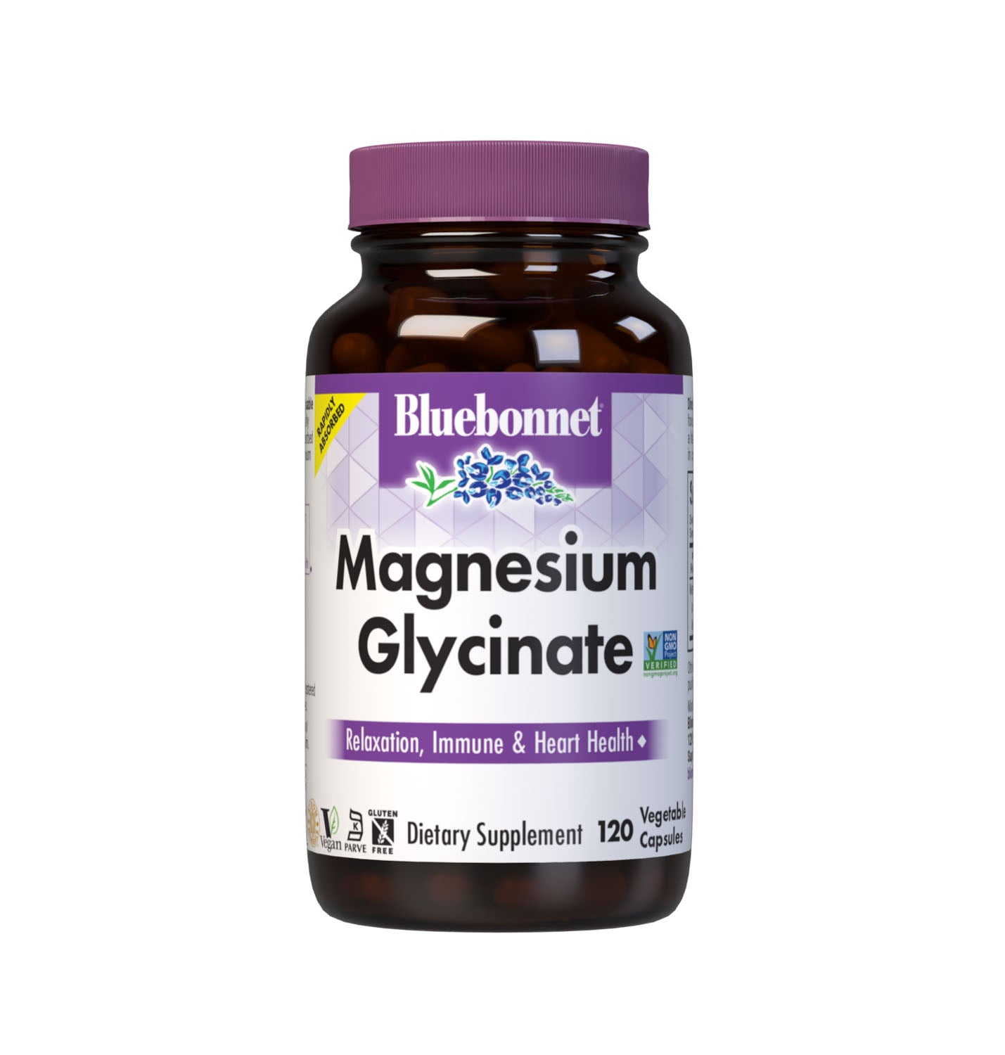 Bluebonnet’s Magnesium Glycinate 120 Vegetable Capsules are formulated with 400 mg per serving of elemental magnesium from fully reacted magnesium glycinate, a more rapidly absorbed amino acid mineral complex from Albion. Magnesium supports energy production and is critical for enzyme function. Available in easy-to-swallow vegetable capsules for maximum assimilation and absorption. #size_120 count