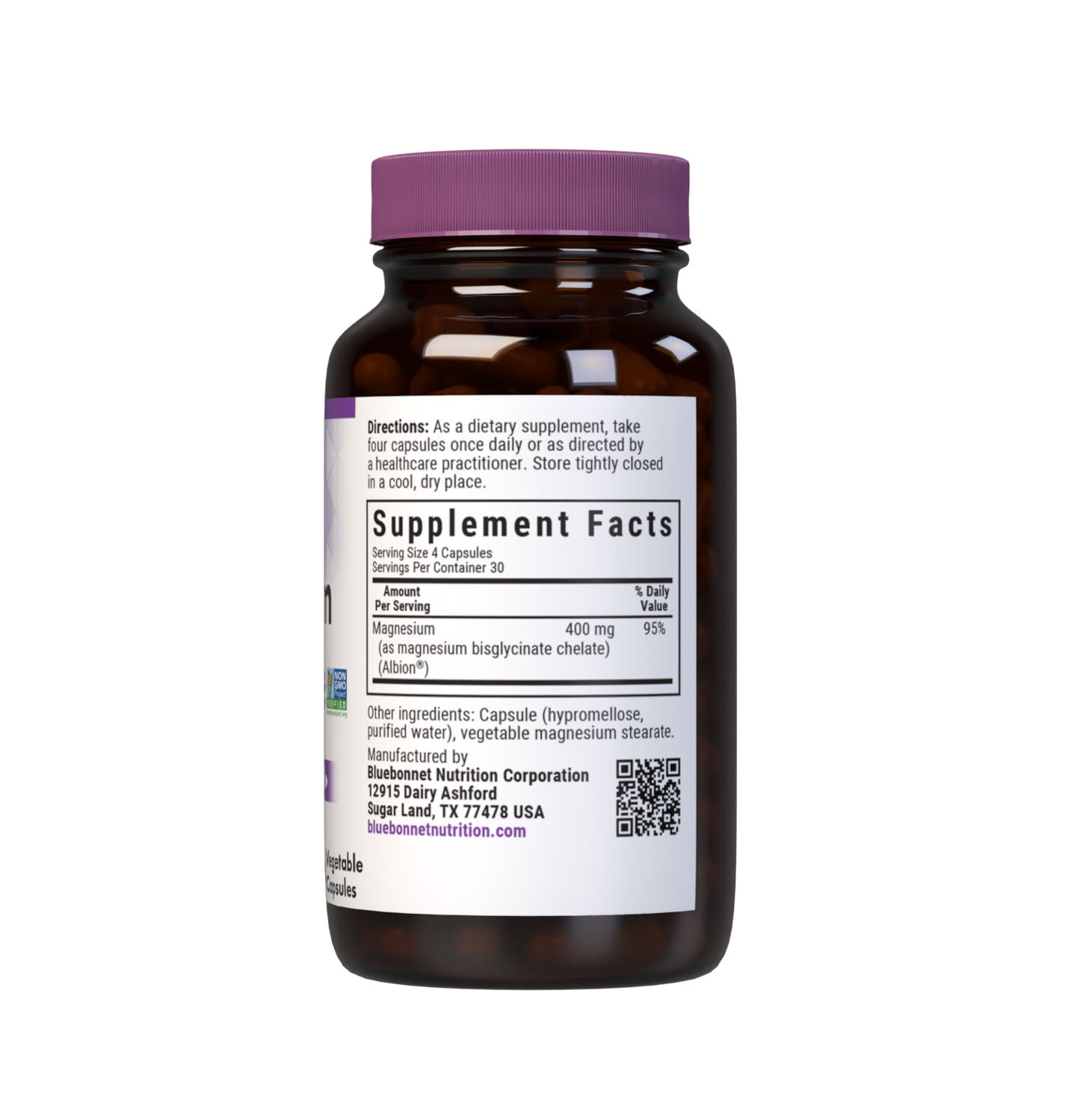 Bluebonnet’s Magnesium Glycinate 120 Vegetable Capsules are formulated with 400 mg per serving of elemental magnesium from fully reacted magnesium glycinate, a more rapidly absorbed amino acid mineral complex from Albion. Magnesium supports energy production and is critical for enzyme function. Available in easy-to-swallow vegetable capsules for maximum assimilation and absorption. Supplement facts panel. #size_120 count