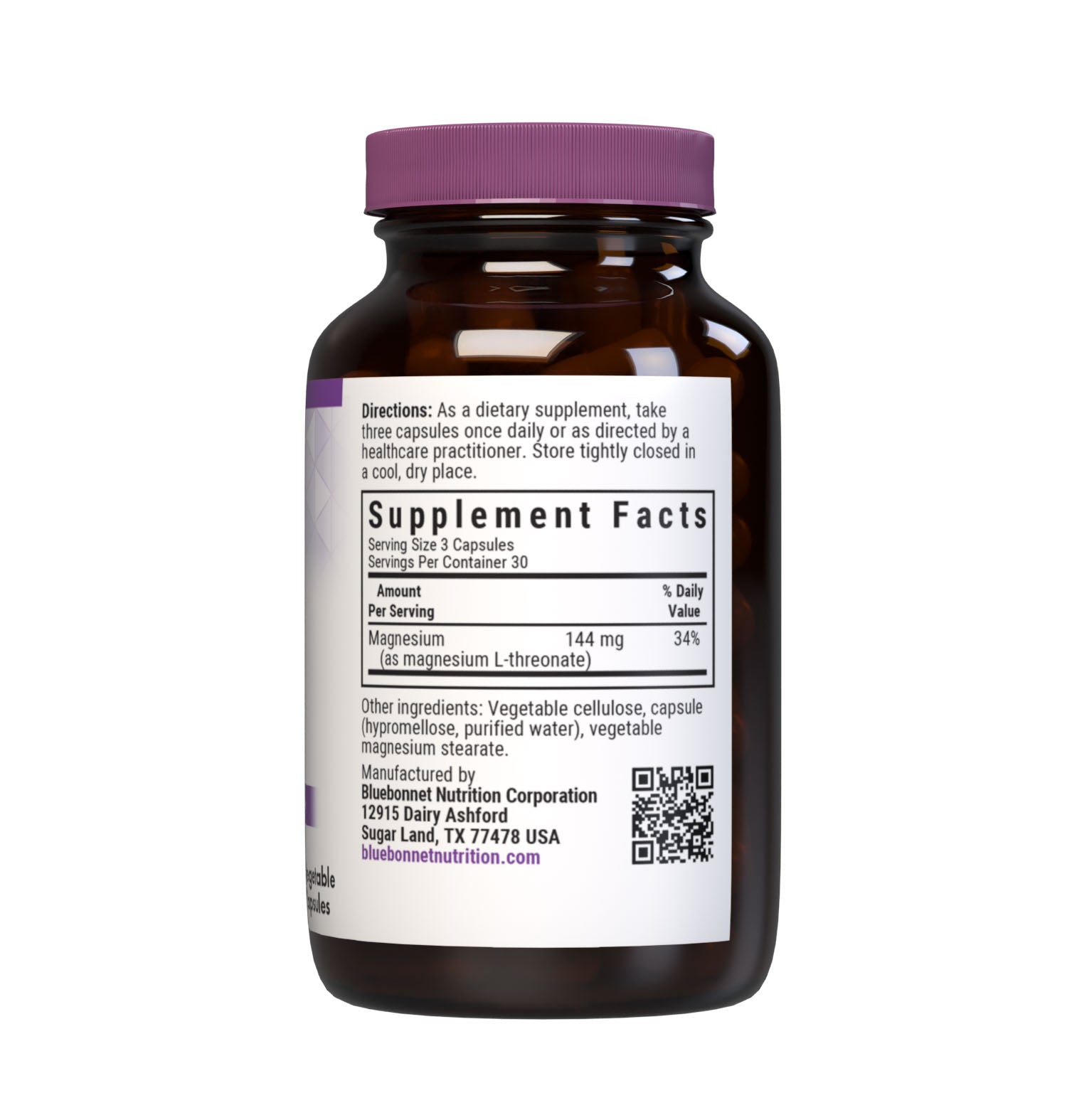 Bluebonnet’s Magnesium L-Threonate 90 Vegetable Capsules are specially formulated with a patented form of magnesium L-threonate, Magtein, which has been clinically researched as an ultra-absorbable form of magnesium to the brain. Supplement facts panel. #size_90 count