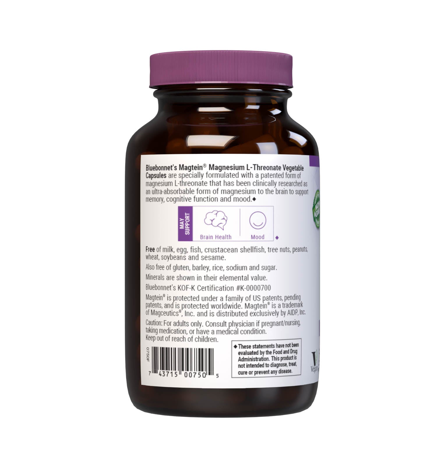 Bluebonnet’s Magnesium L-Threonate 90 Vegetable Capsules are specially formulated with a patented form of magnesium L-threonate, Magtein, which has been clinically researched as an ultra-absorbable form of magnesium to the brain. Description panel. #size_90 count