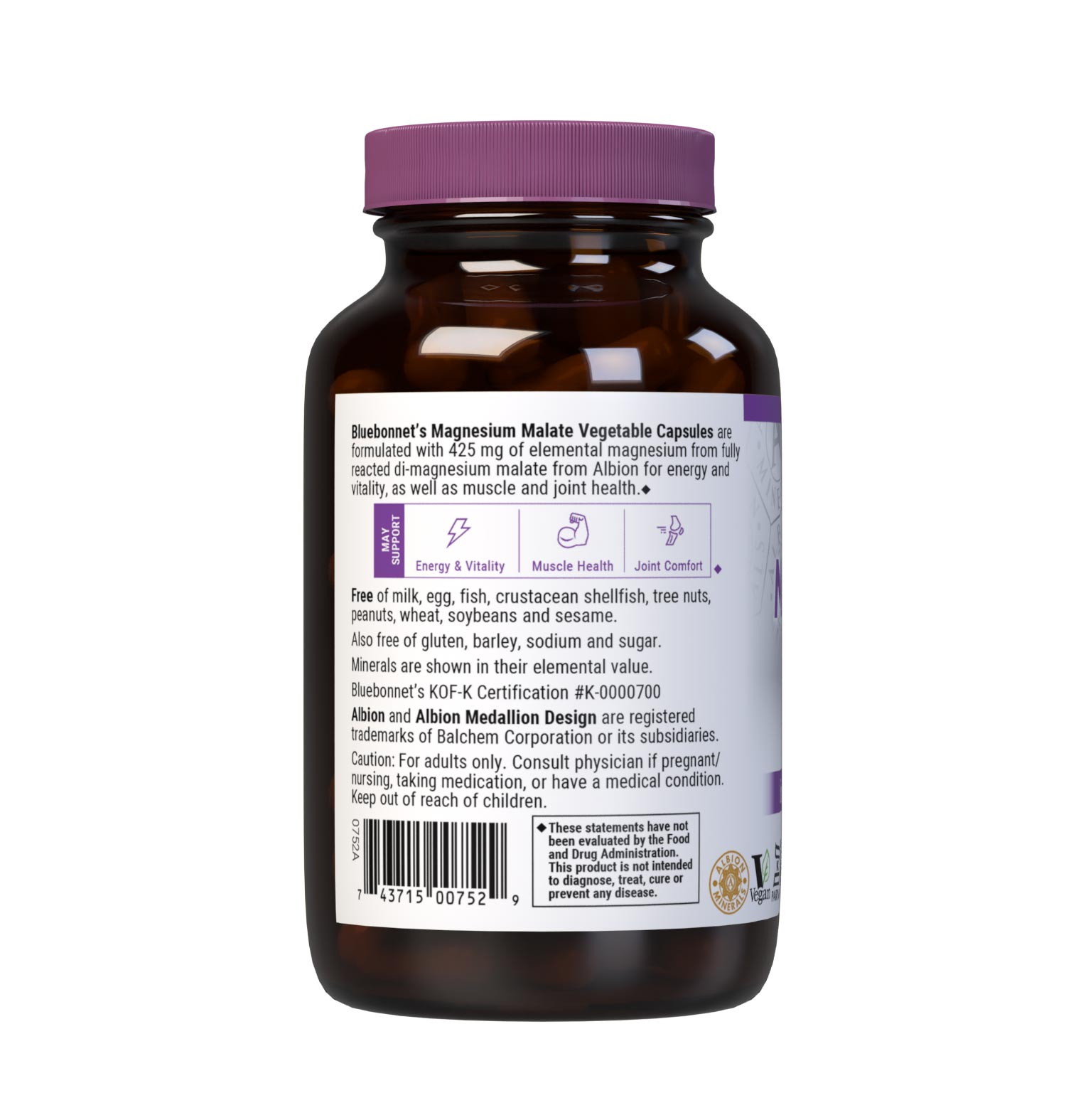 Bluebonnet's Magnesium Malate Vegetable capsules are formulated with 425 mg of elemental magnesium from fully reacted di-magnesium malate from Albion for energy and vitality, as well as muscle and joint health. Description panel. #size_90 count