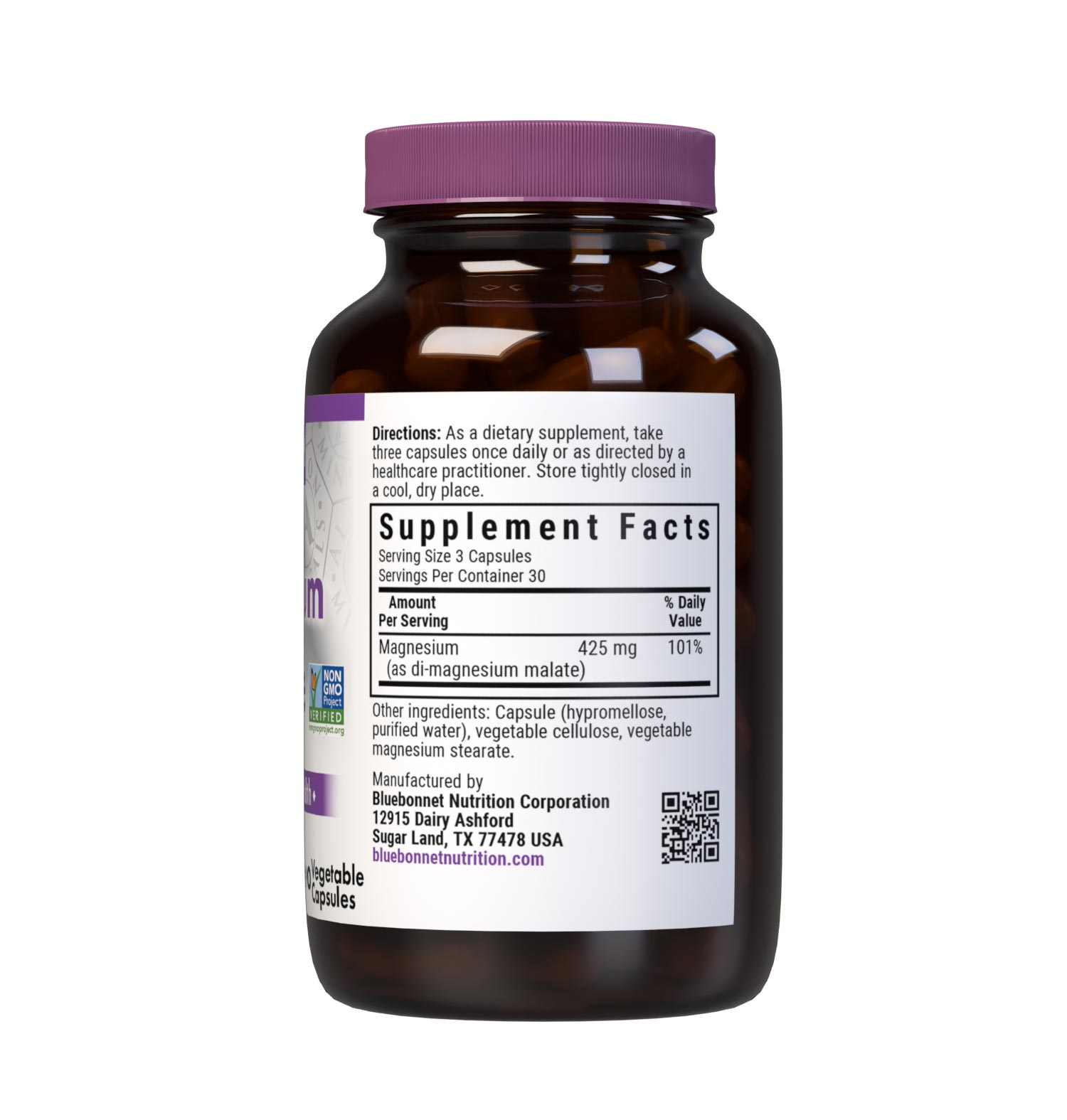 Bluebonnet's Magnesium Malate Vegetable capsules are formulated with 425 mg of elemental magnesium from fully reacted di-magnesium malate from Albion for energy and vitality, as well as muscle and joint health. Supplement facts panel. #size_90 count
