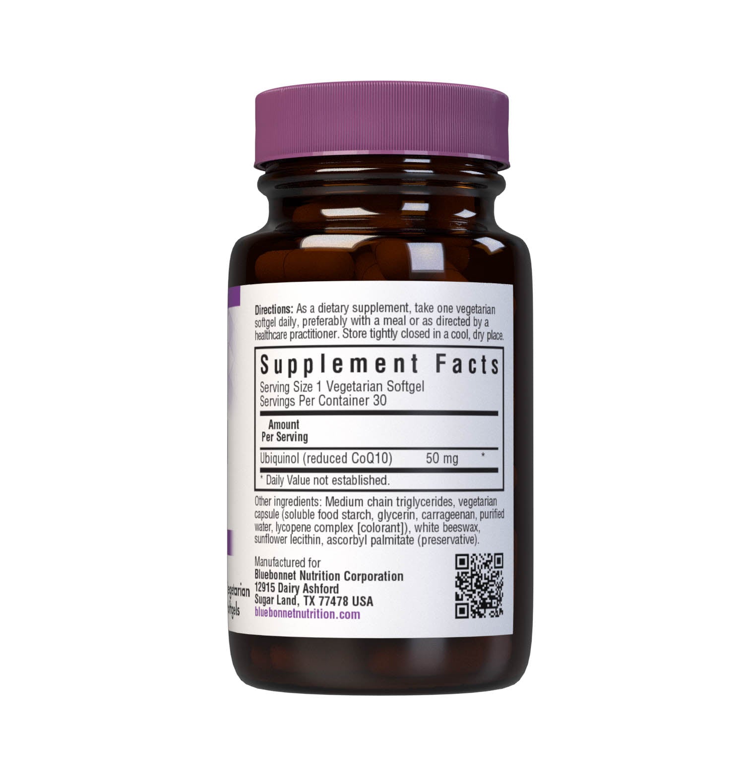 Bluebonnet’s Cellular Active CoQ10 Ubiquinol 30 Vegetarian Softgels are formulated with 50 mg of the active antioxidant form of CoQ10 (ubiquinol), which may support energy levels and heart health. Supplement facts panel. #size_30 count