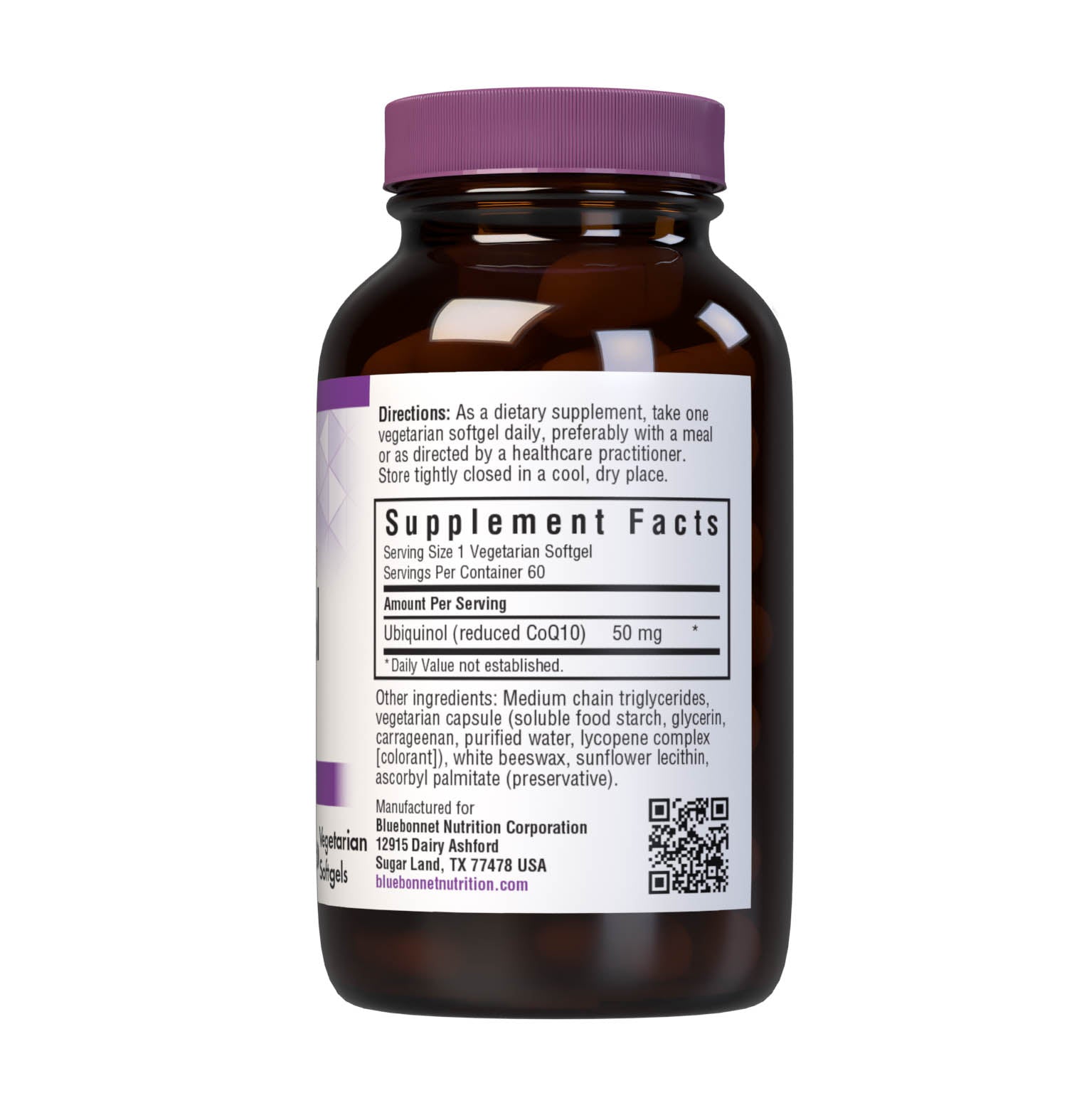 Bluebonnet’s Cellular Active CoQ10 Ubiquinol 60 Vegetarian Softgels are formulated with 50 mg of the active antioxidant form of CoQ10 (ubiquinol), which may support energy levels and heart health. Supplement facts panel. #size_60 count