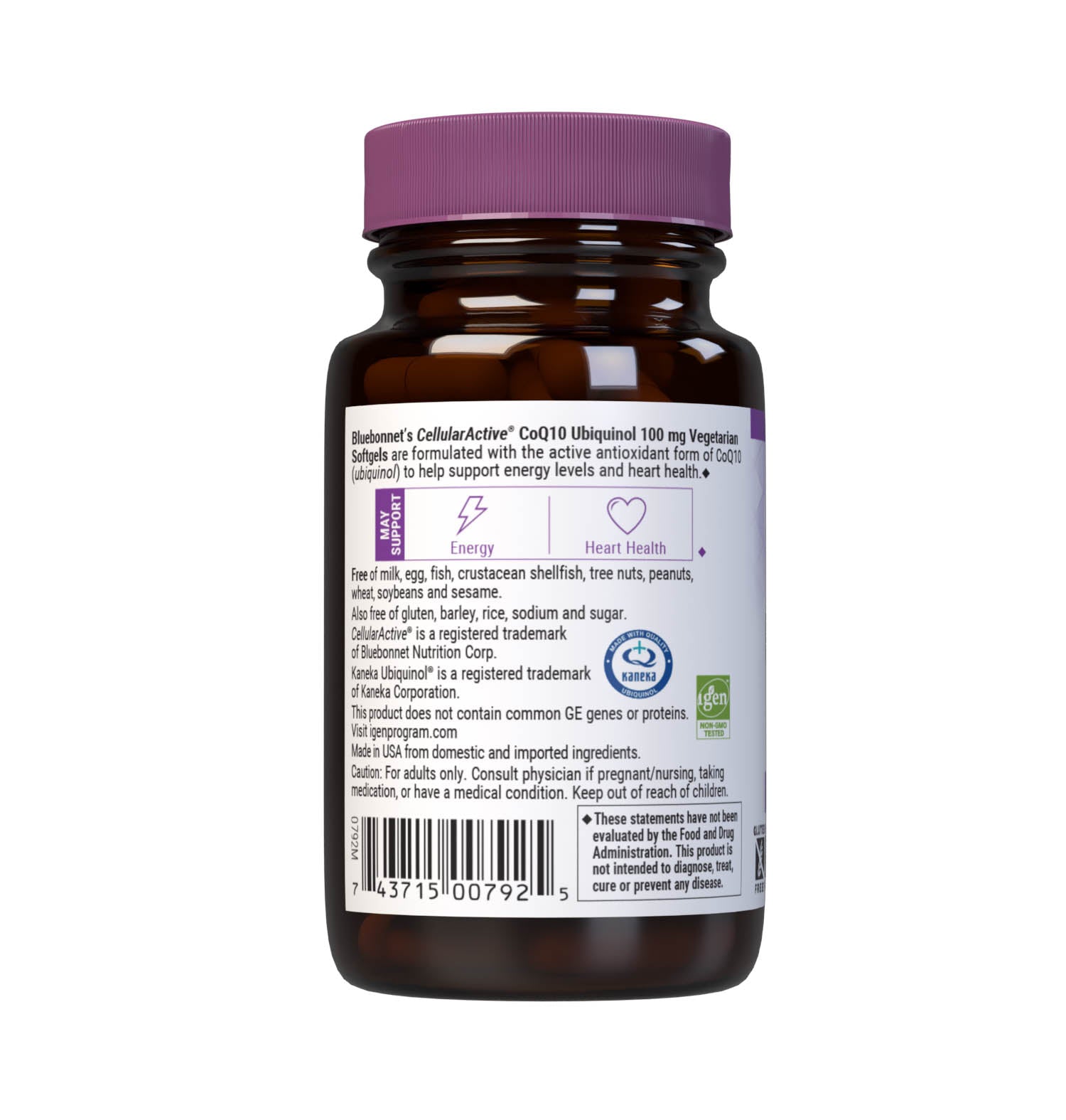 Bluebonnet’s CellularActive CoQ10 Ubiquinol 30 Vegetarian Softgels are formulated with the active antioxidant form of CoQ10 (ubiquinol) which may support energy levels and heart health. Description panel. #size_30 count