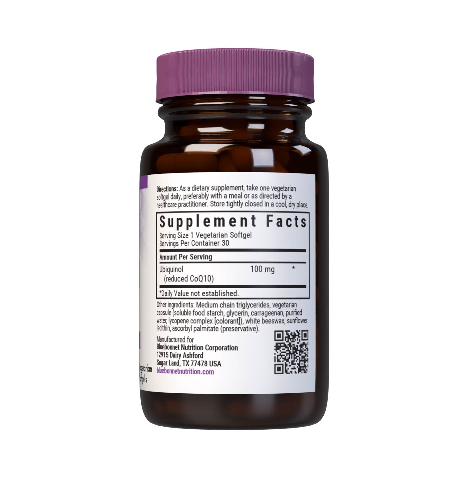 Bluebonnet’s CellularActive CoQ10 Ubiquinol 30 Vegetarian Softgels are formulated with the active antioxidant form of CoQ10 (ubiquinol) which may support energy levels and heart health. Supplement facts panel. #size_30 count