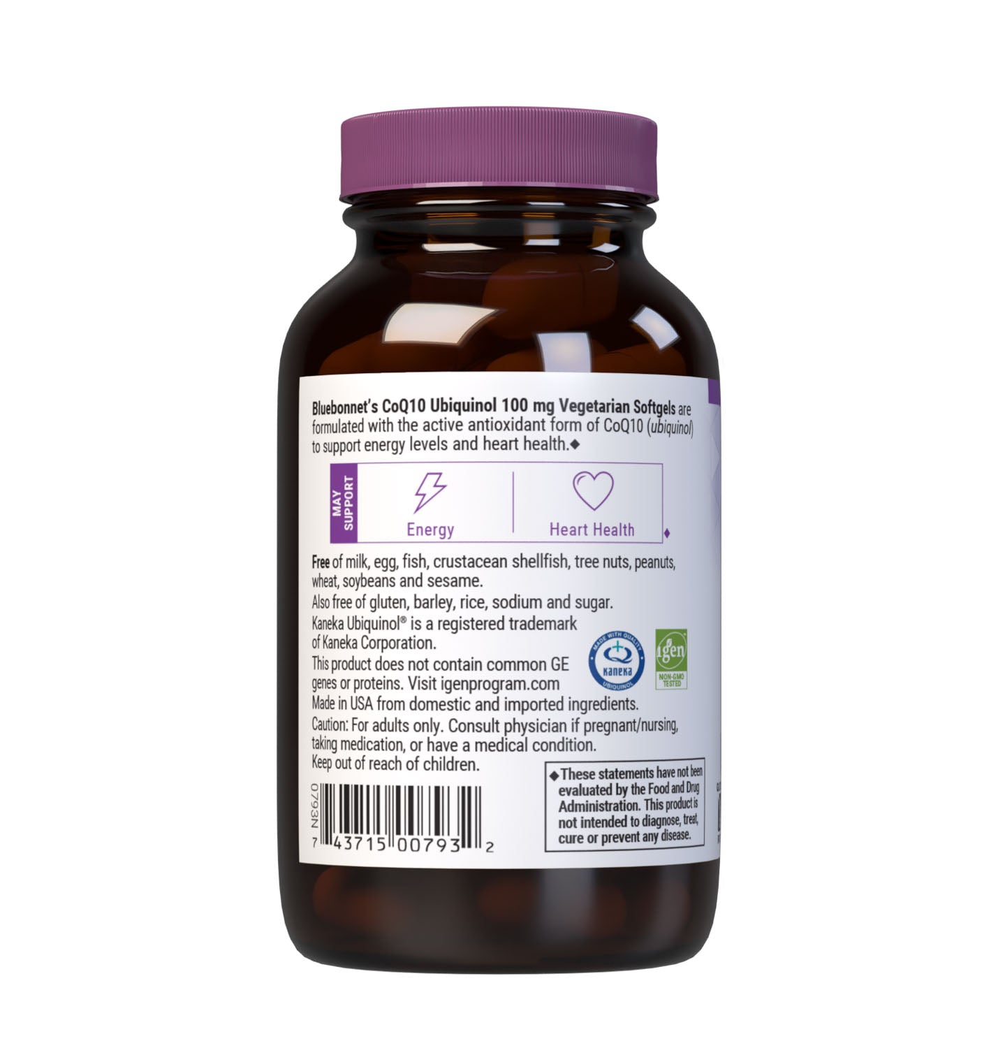 Bluebonnet’s CellularActive CoQ10 Ubiquinol 60 Vegetarian Softgels are formulated with the active antioxidant form of CoQ10 (ubiquinol) which may support energy levels and heart health. Description panel. #size_60 count