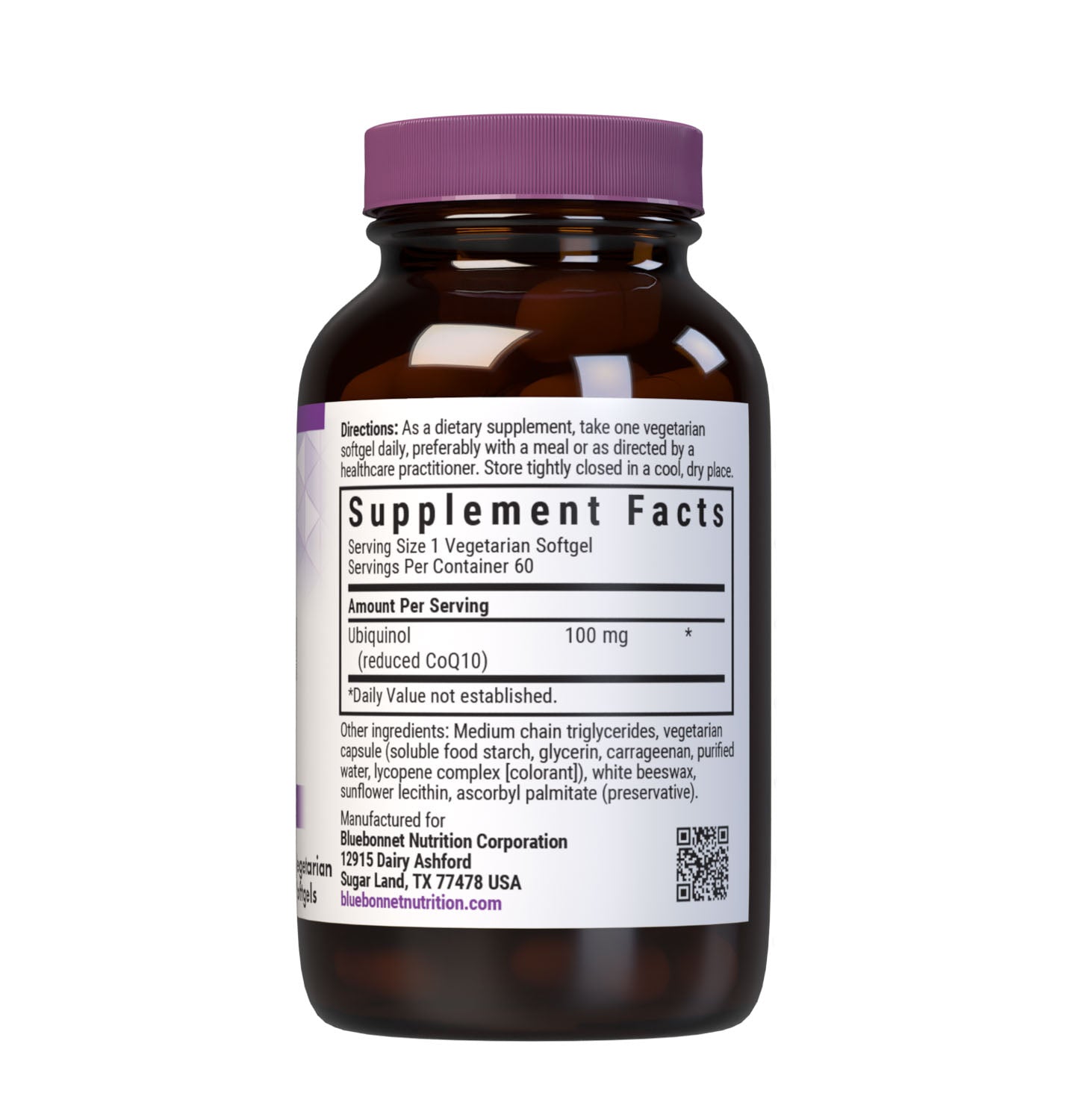 Bluebonnet’s CellularActive CoQ10 Ubiquinol 60 Vegetarian Softgels are formulated with the active antioxidant form of CoQ10 (ubiquinol) which may support energy levels and heart health. Supplement facts panel. #size_60 count
